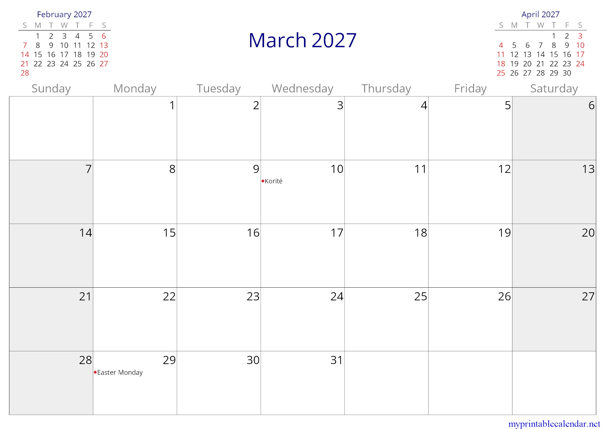 March 2027 monthly calendar, Senegal, in English jpg