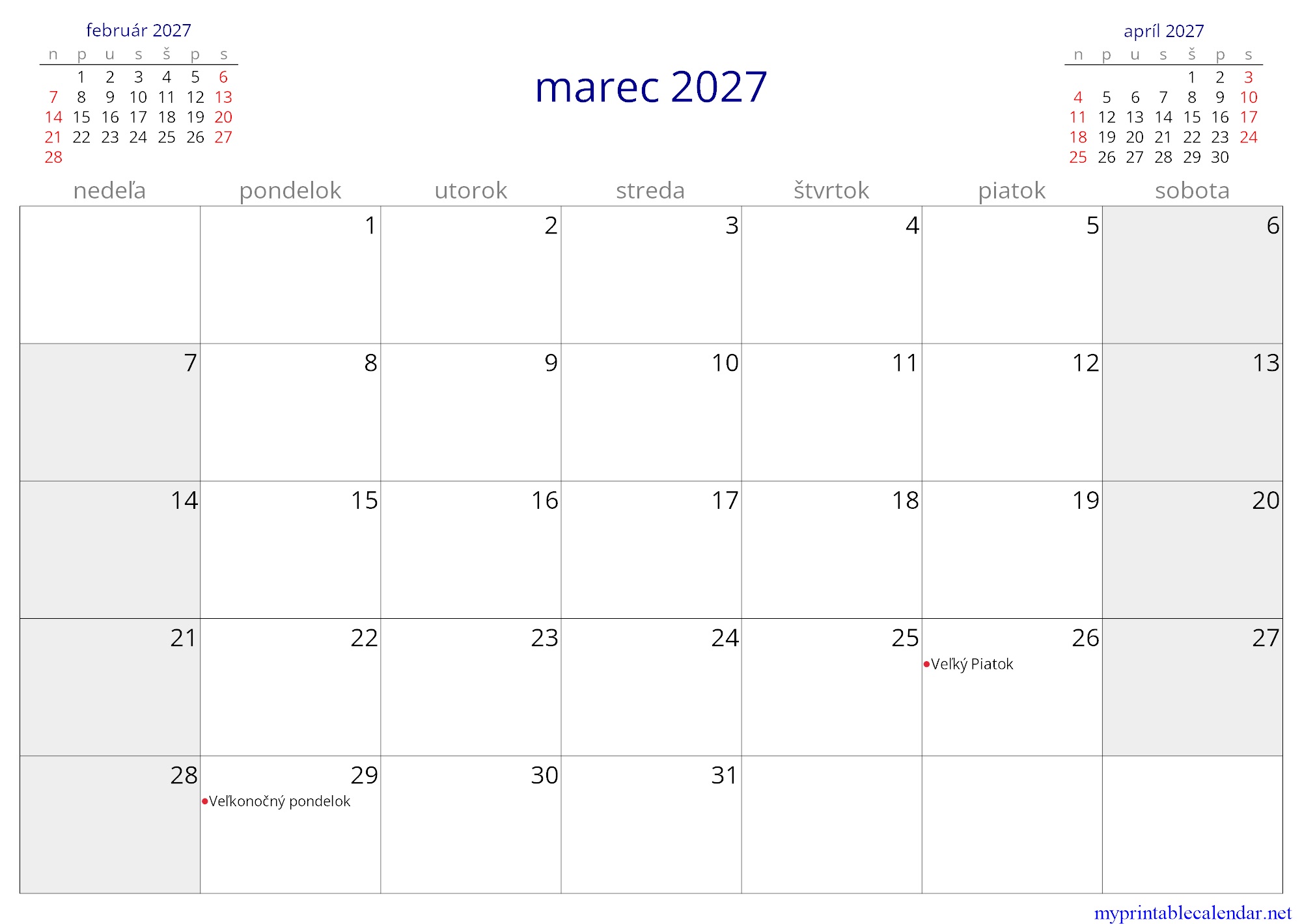 marec 2027 monthly calendar, Slovakia, Slovak jpg