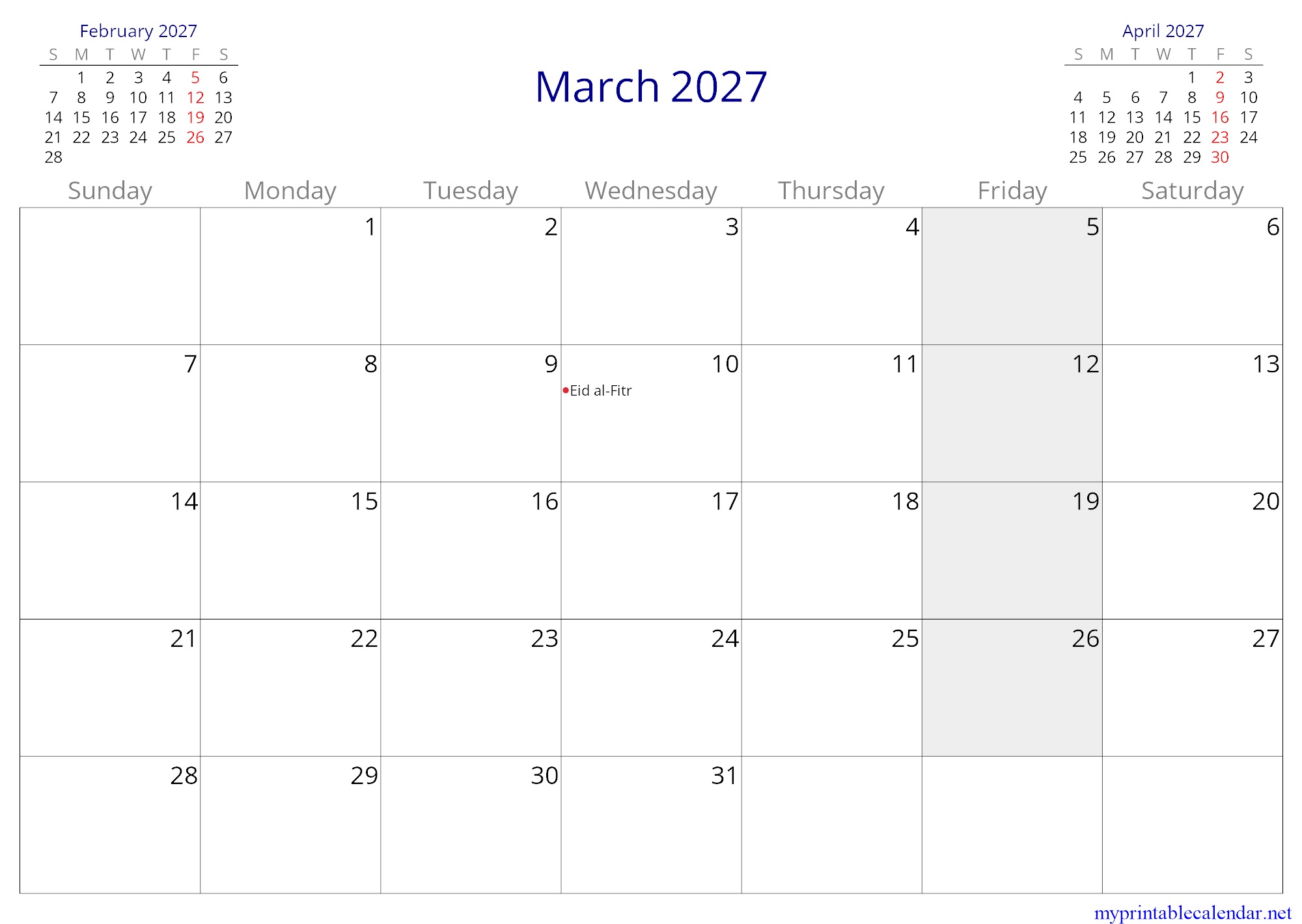 March 2027 monthly calendar, Somalia, in English jpg