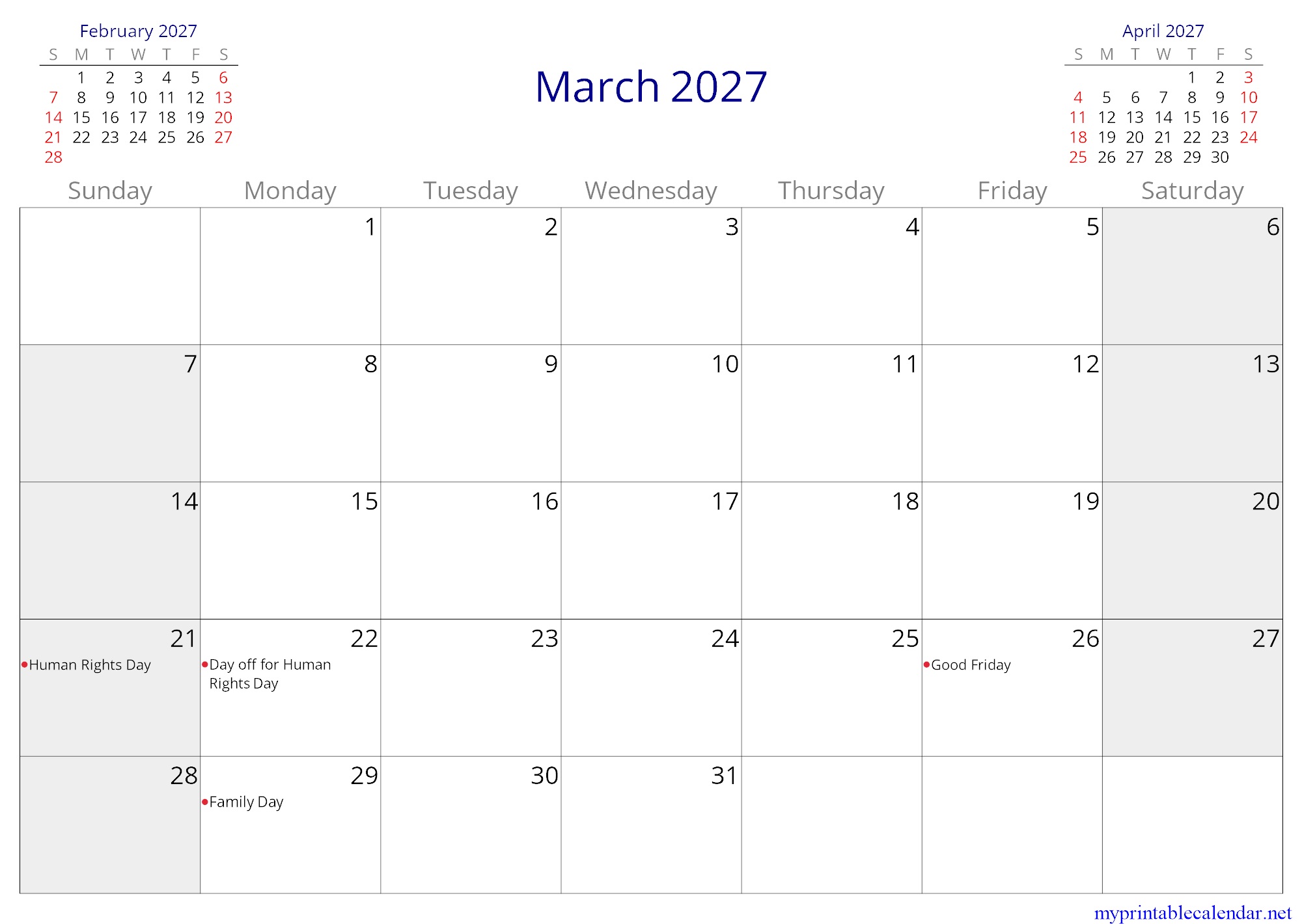 March 2027 monthly calendar, South Africa, English jpg