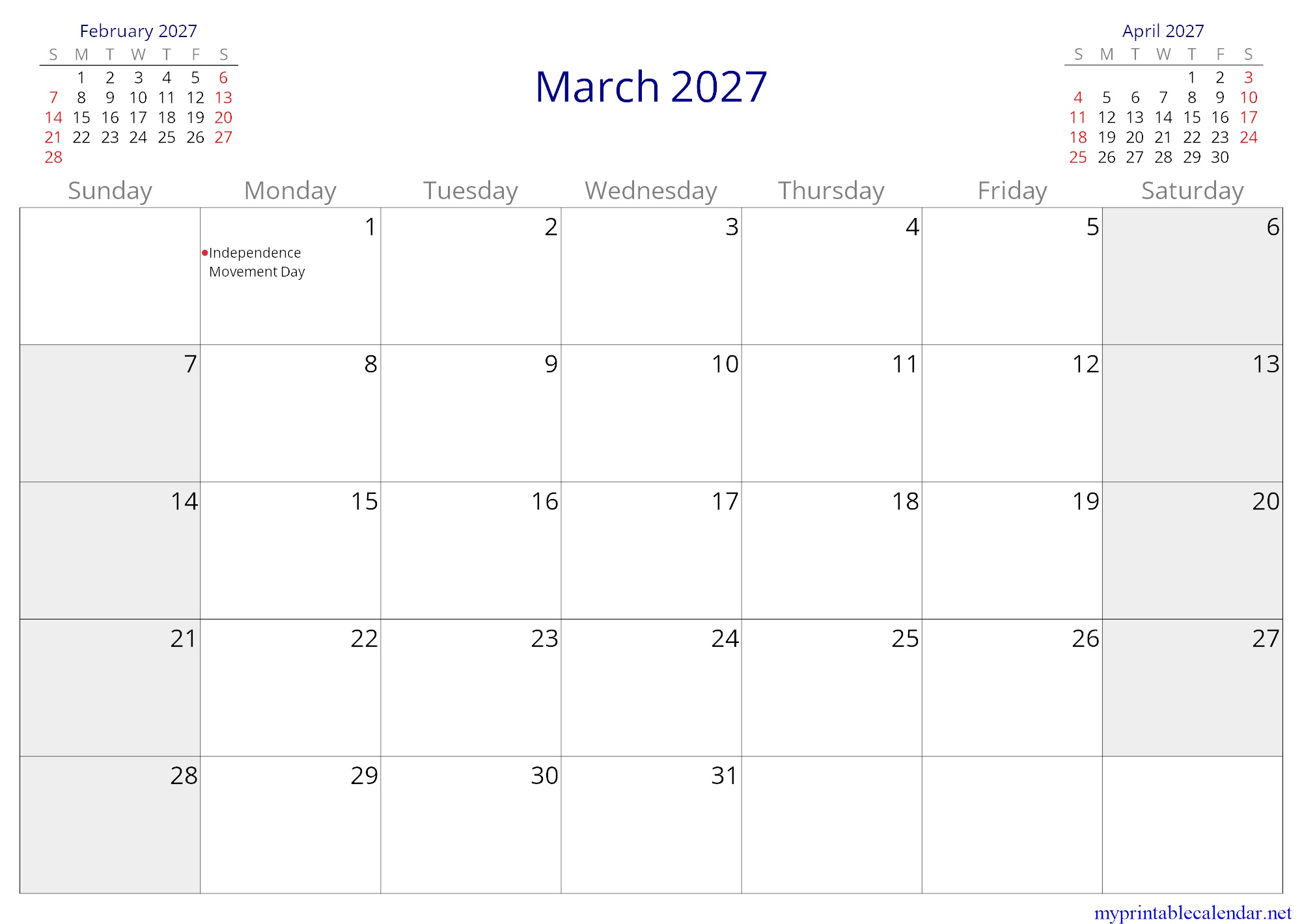 March 2027 monthly calendar, South Korea, in English jpg