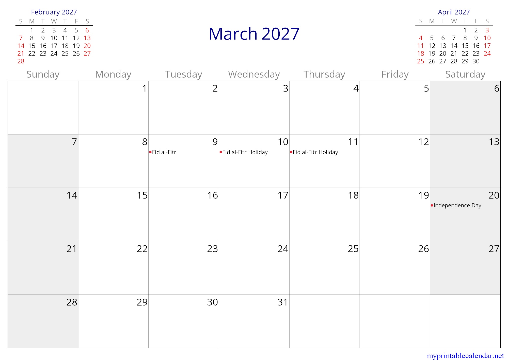March 2027 monthly calendar, Tunisia, in English jpg