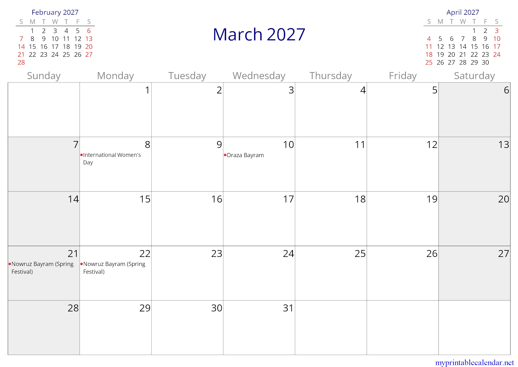 March 2027 monthly calendar, Turkmenistan, in English jpg