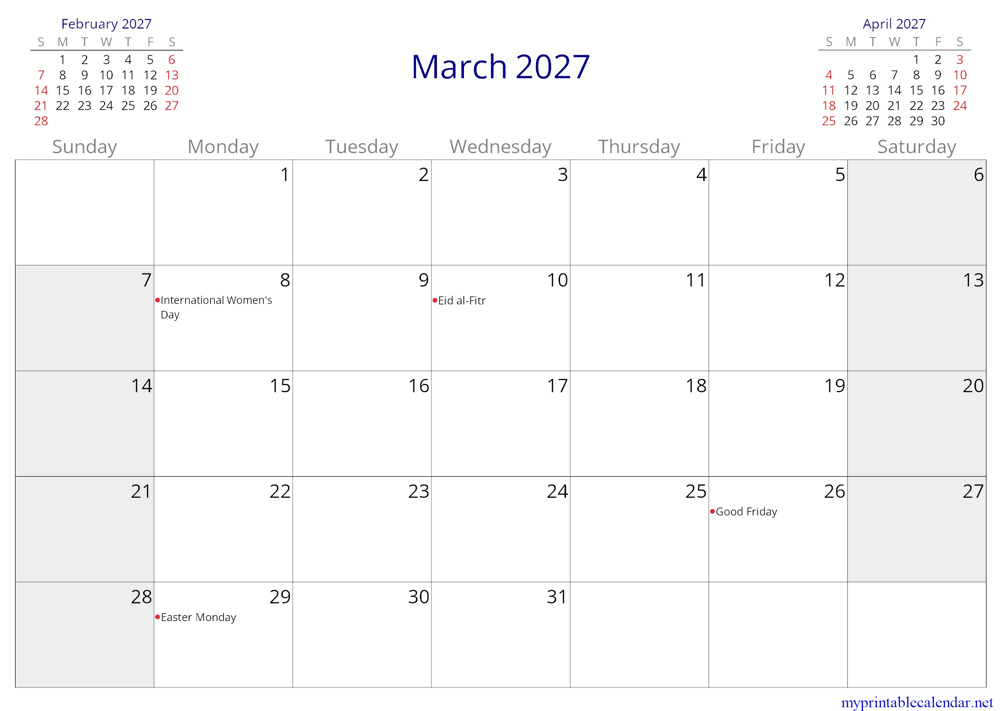 March 2027 monthly calendar, Uganda, English jpg