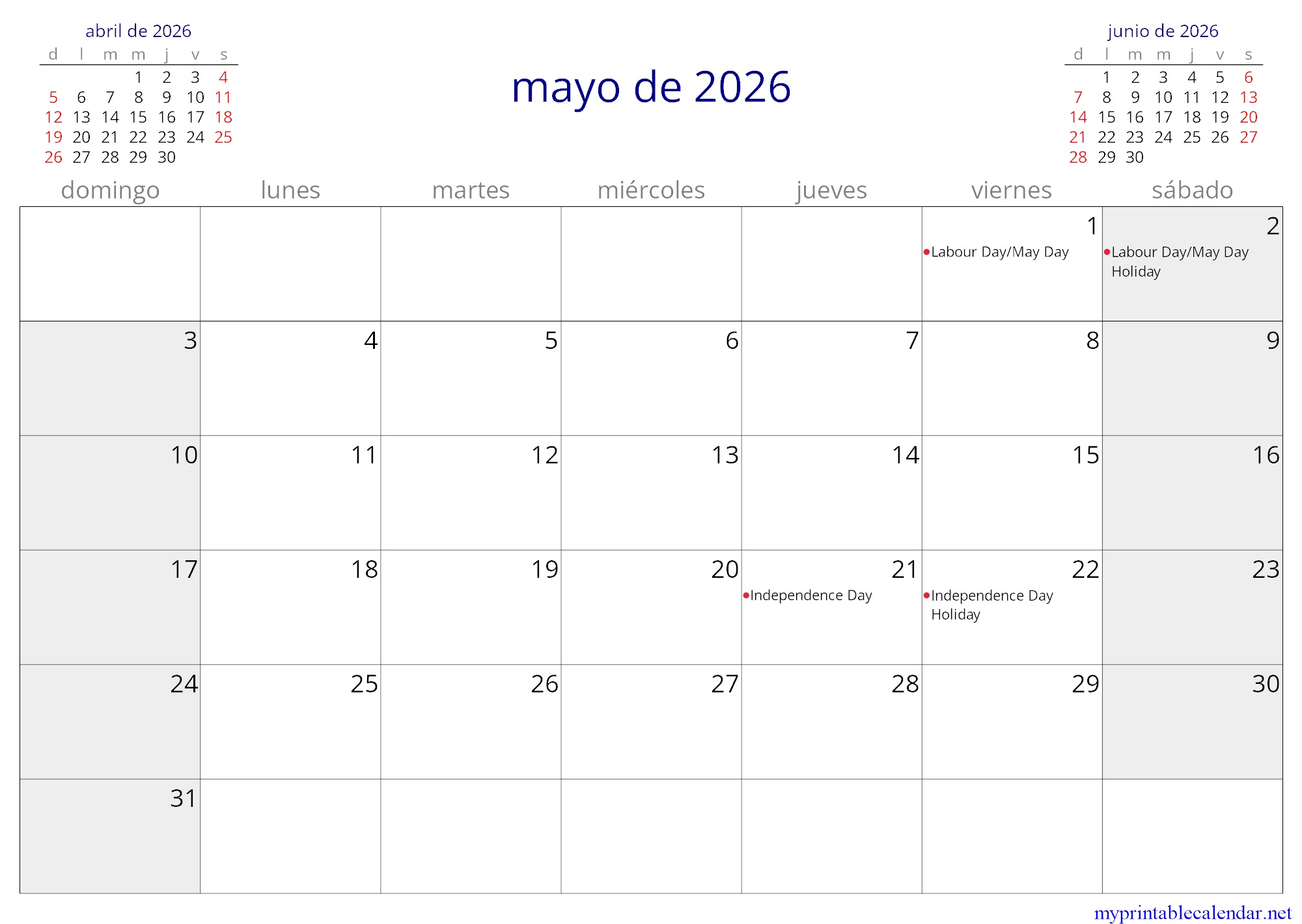mayo de 2026 monthly calendar, Montenegro, Spanish jpg