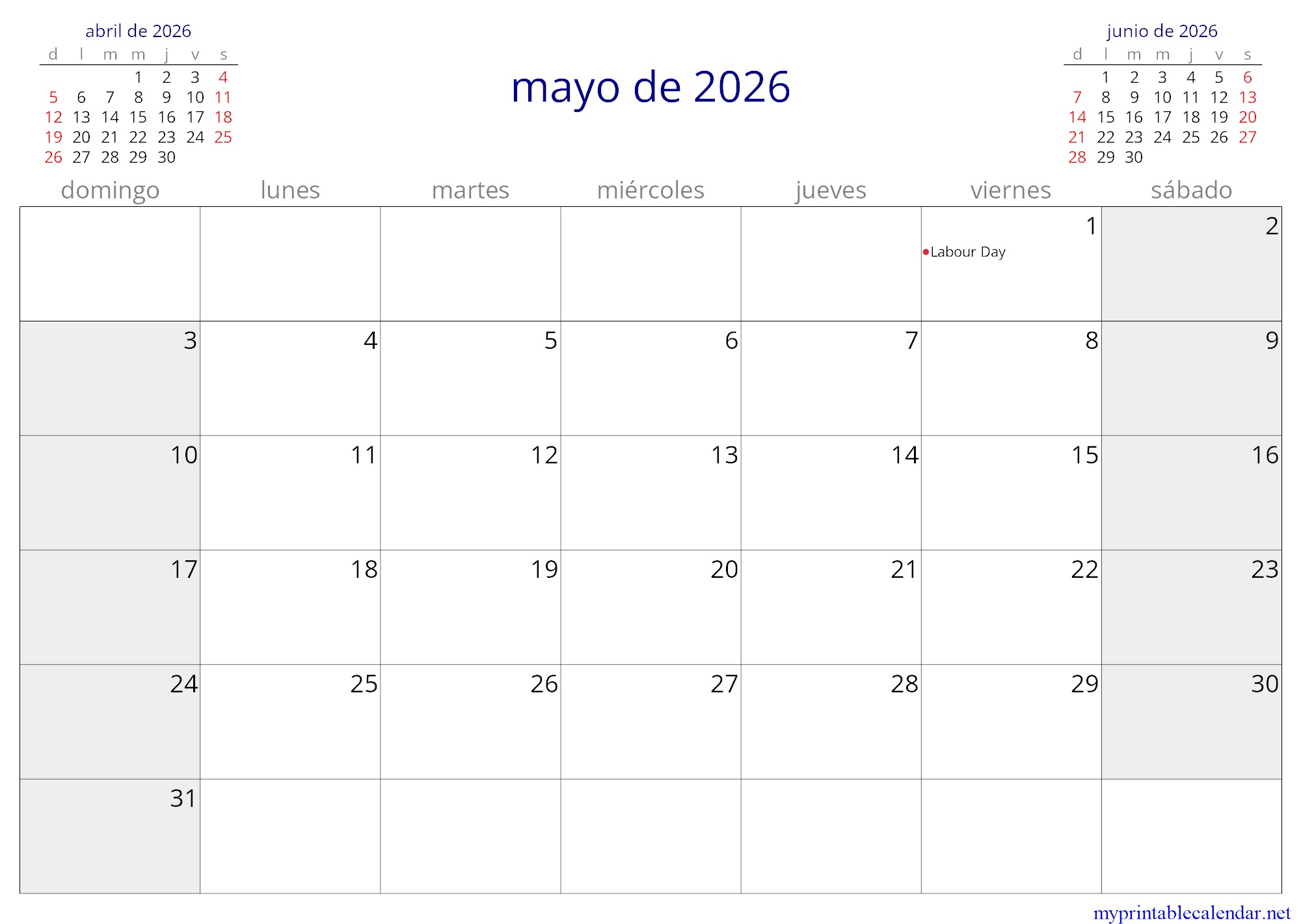 mayo de 2026 monthly calendar, Seychelles, Spanish jpg