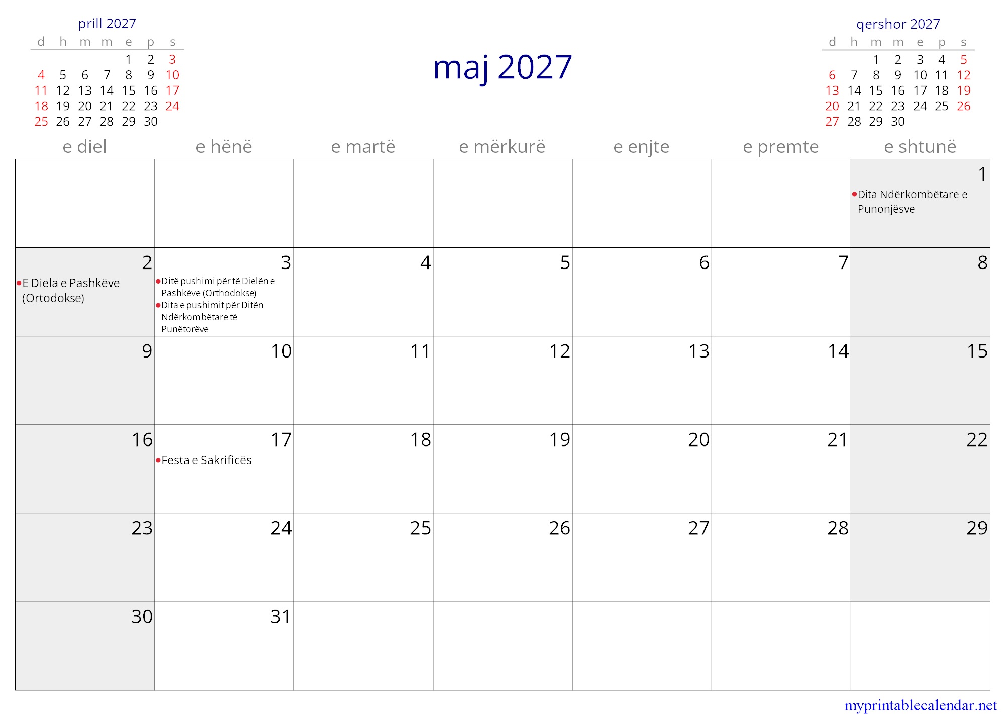 maj 2027 monthly calendar, Albania, Albanian jpg
