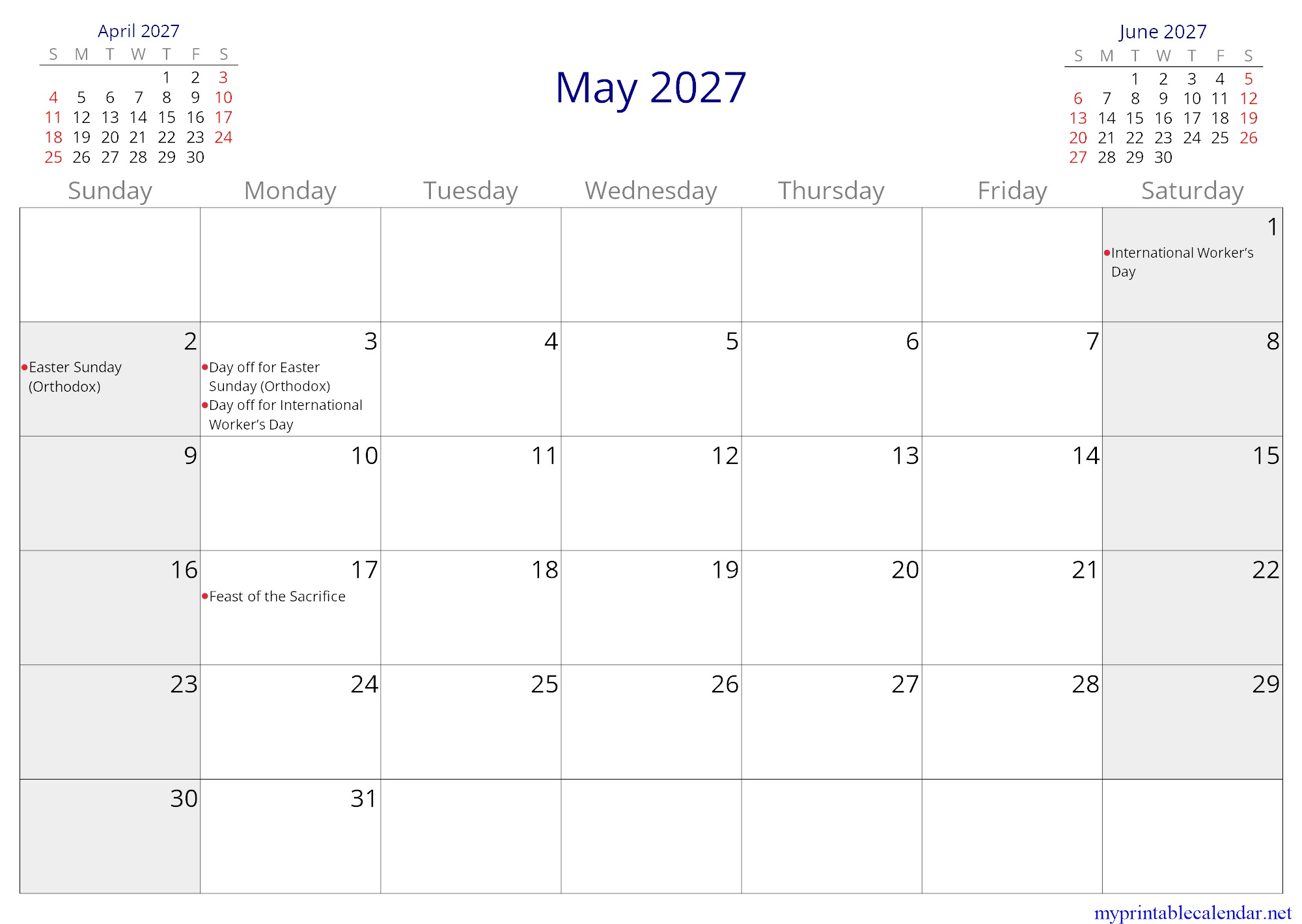 May 2027 monthly calendar, Albania, in English jpg