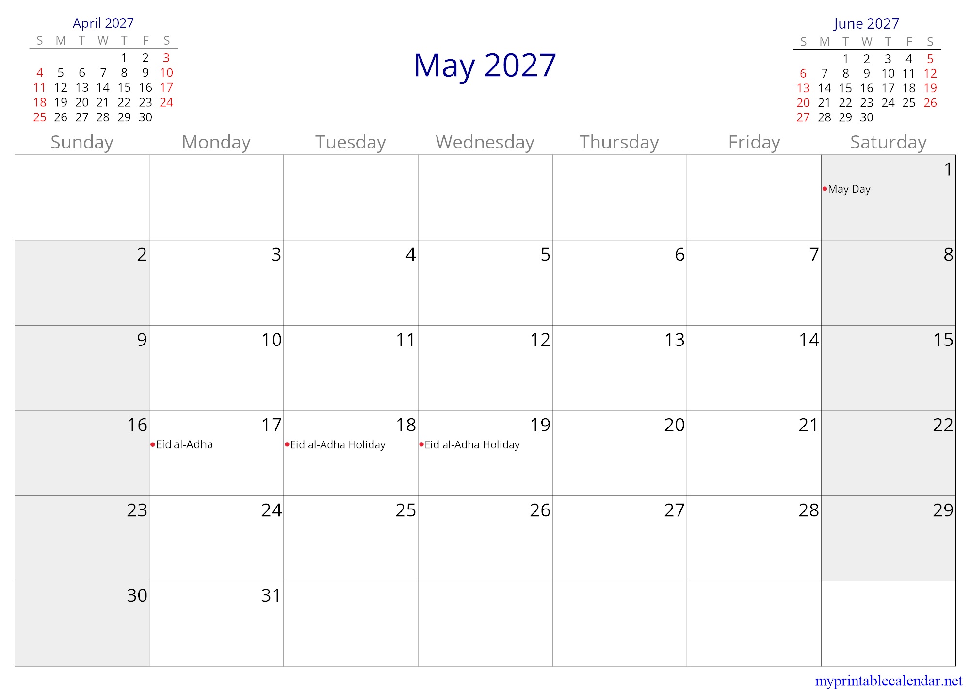May 2027 monthly calendar, Algeria, in English jpg