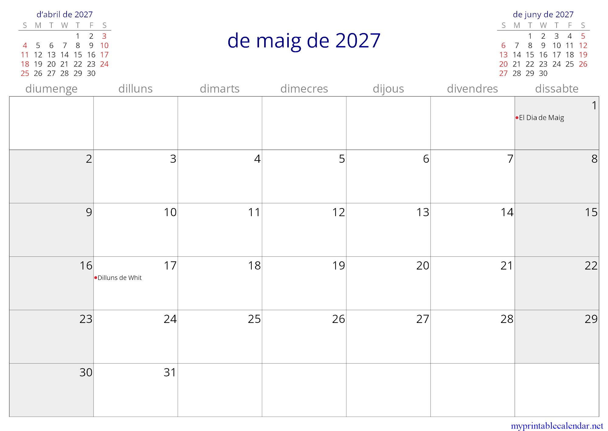 de maig de 2027 monthly calendar, Andorra, Catalan jpg