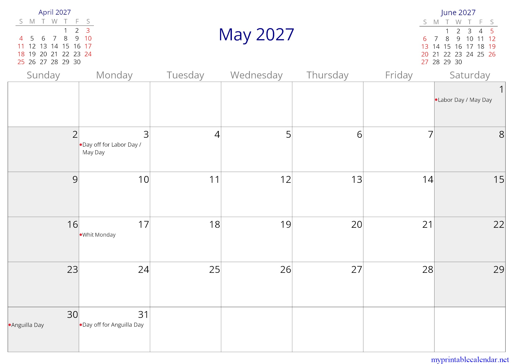 May 2027 monthly calendar, Anguilla, English jpg