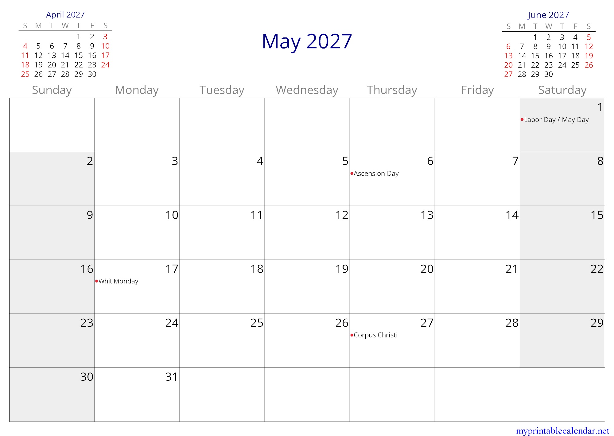 May 2027 monthly calendar, Austria, in English jpg