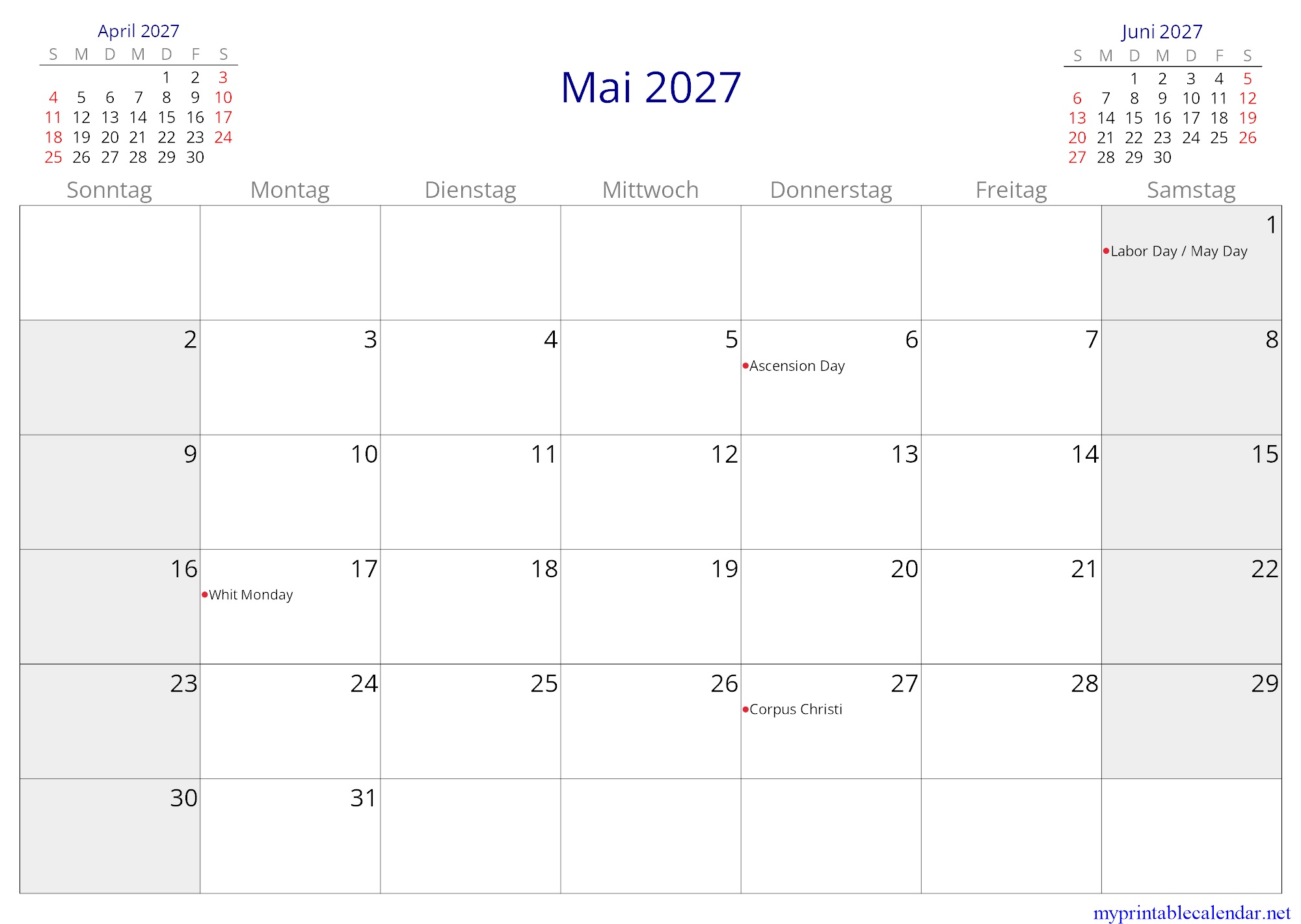 Mai 2027 monthly calendar, Austria, German jpg