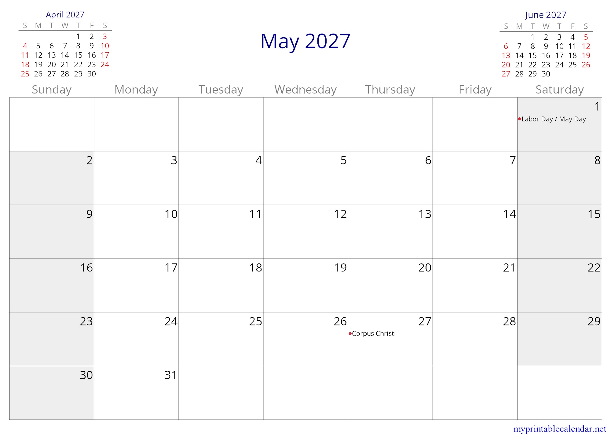 May 2027 monthly calendar, Brazil, in English jpg