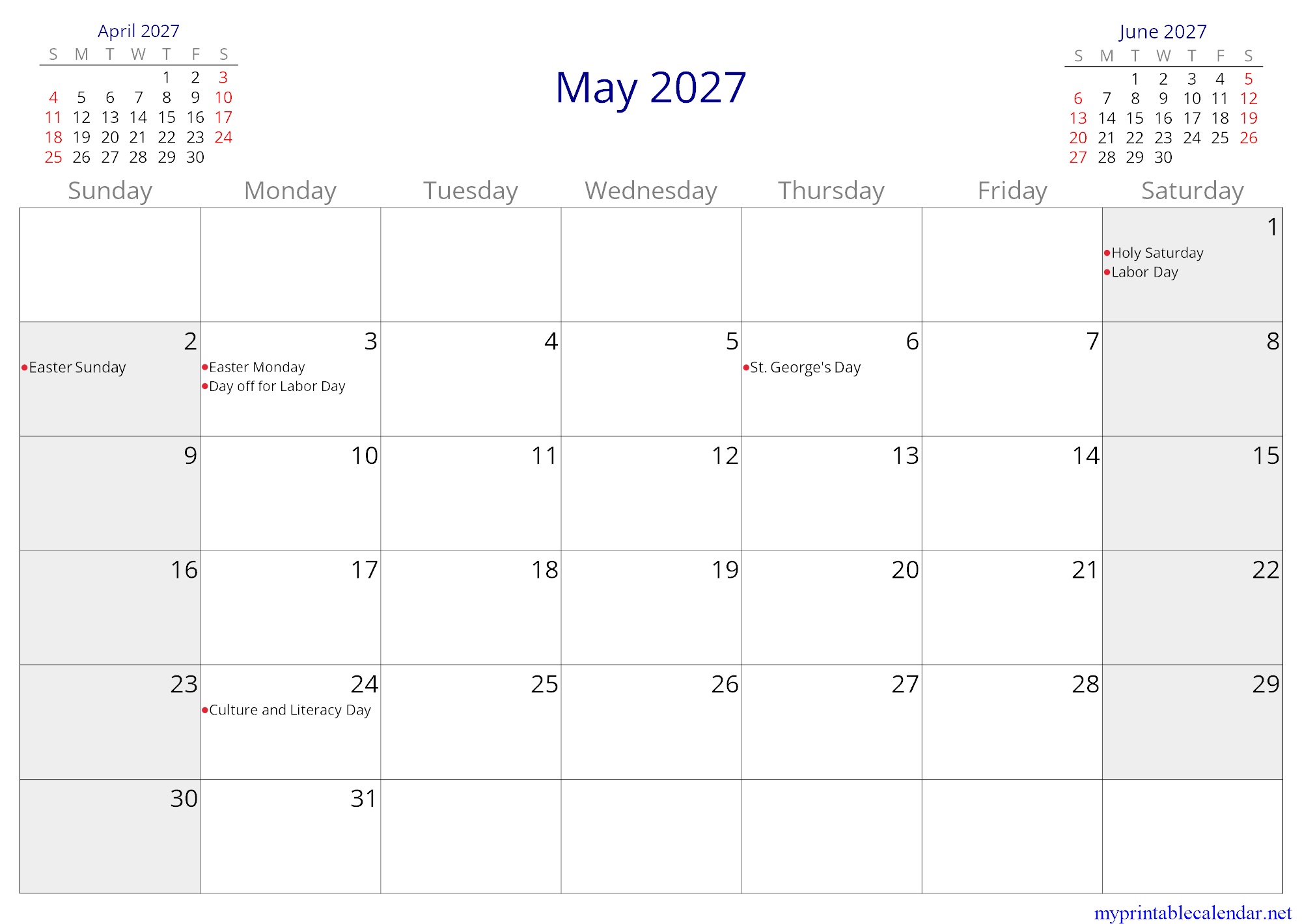May 2027 monthly calendar, Bulgaria, in English jpg