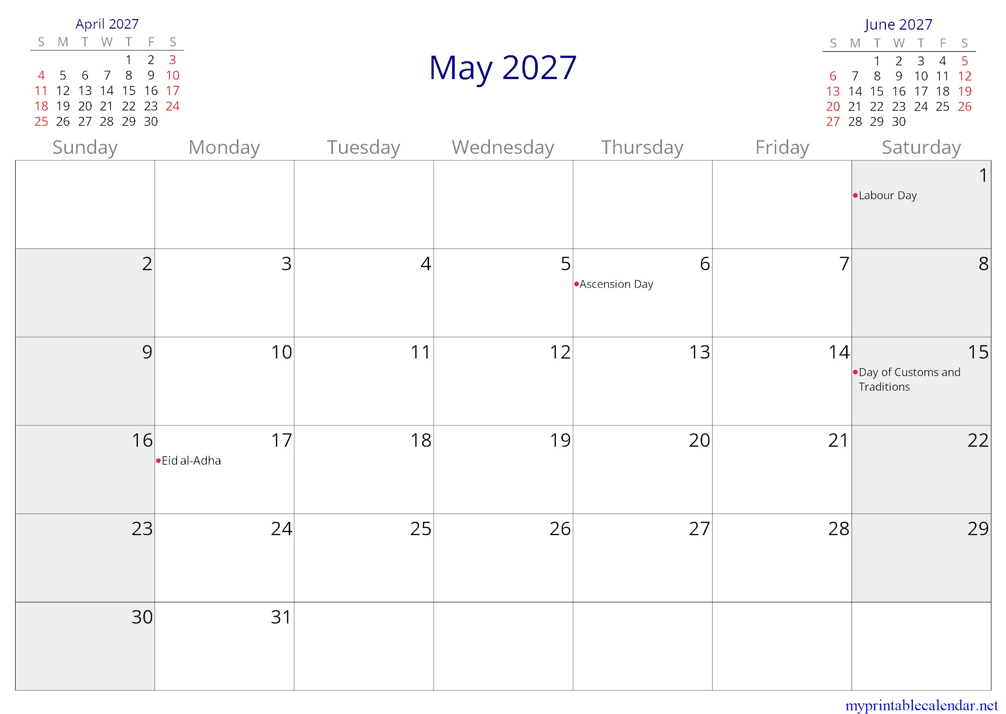 May 2027 monthly calendar, Burkina Faso, in English jpg