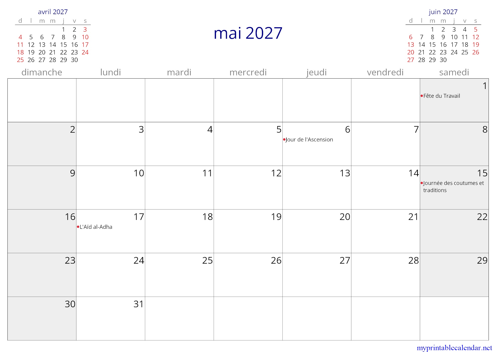 mai 2027 monthly calendar, Burkina Faso, French jpg
