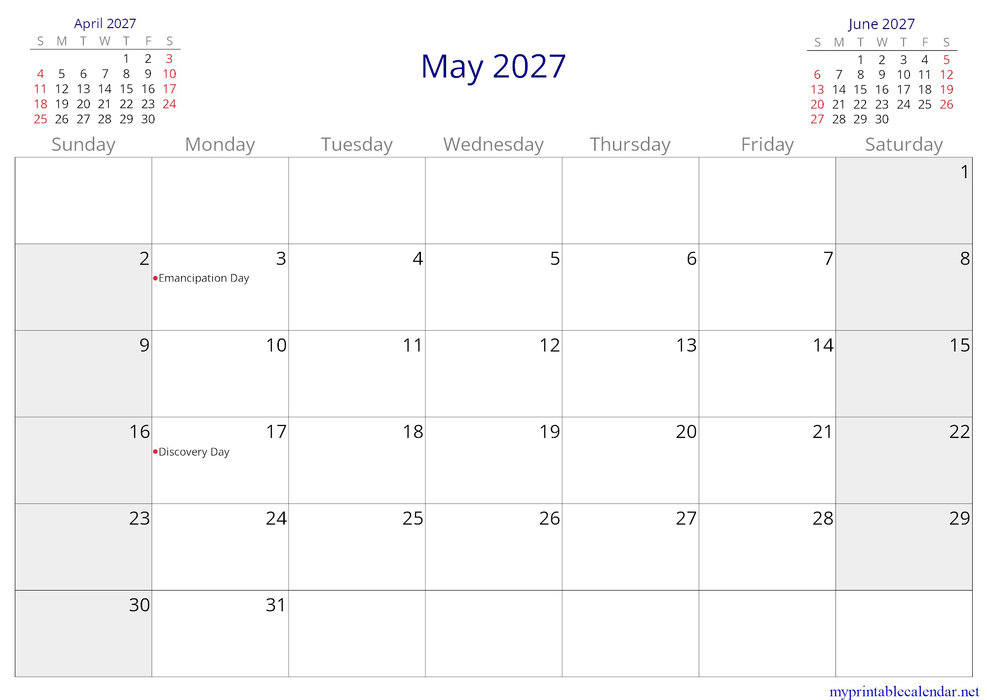 May 2027 monthly calendar, Cayman Islands, English jpg
