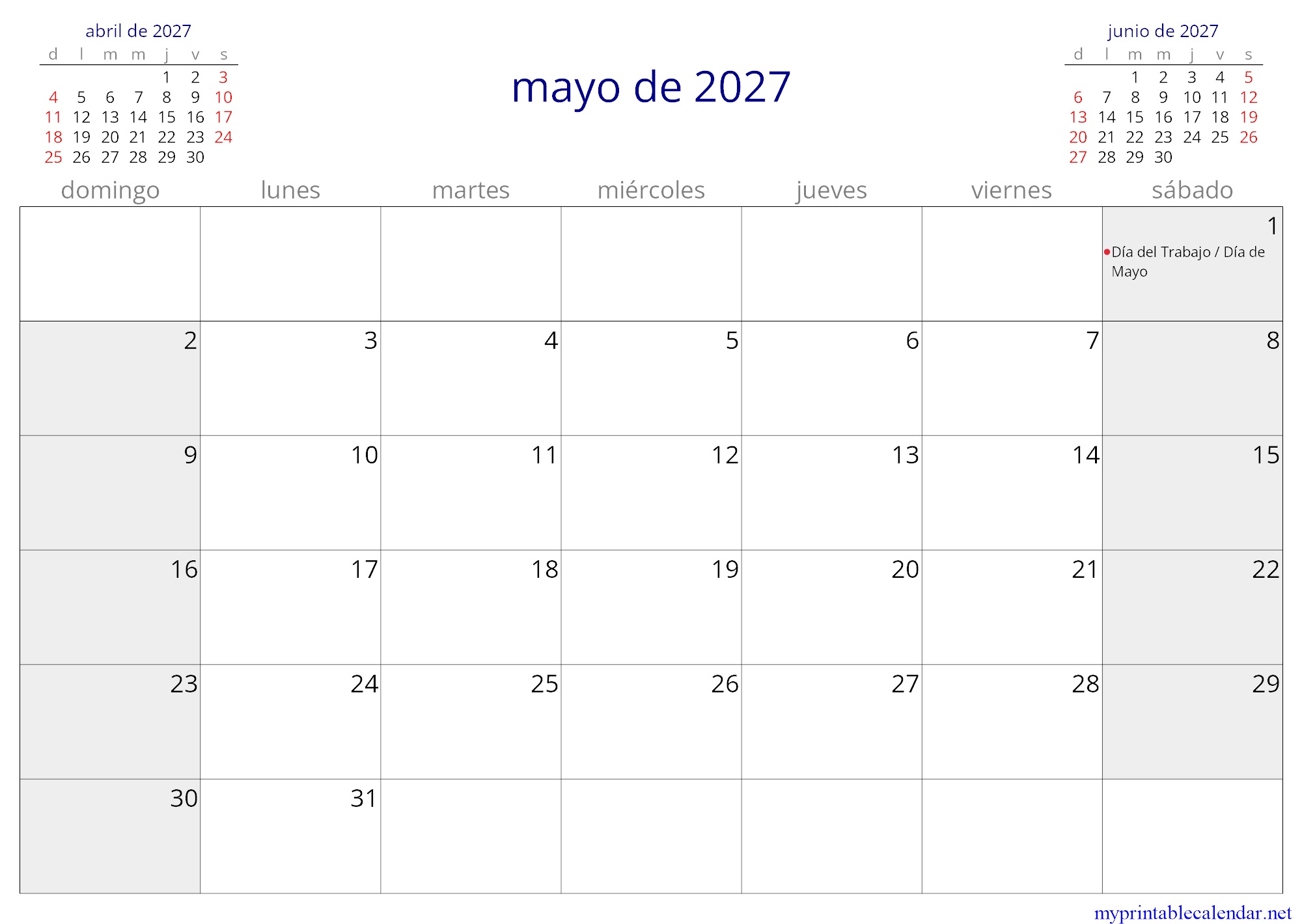 mayo de 2027 monthly calendar, Costa Rica, Spanish jpg