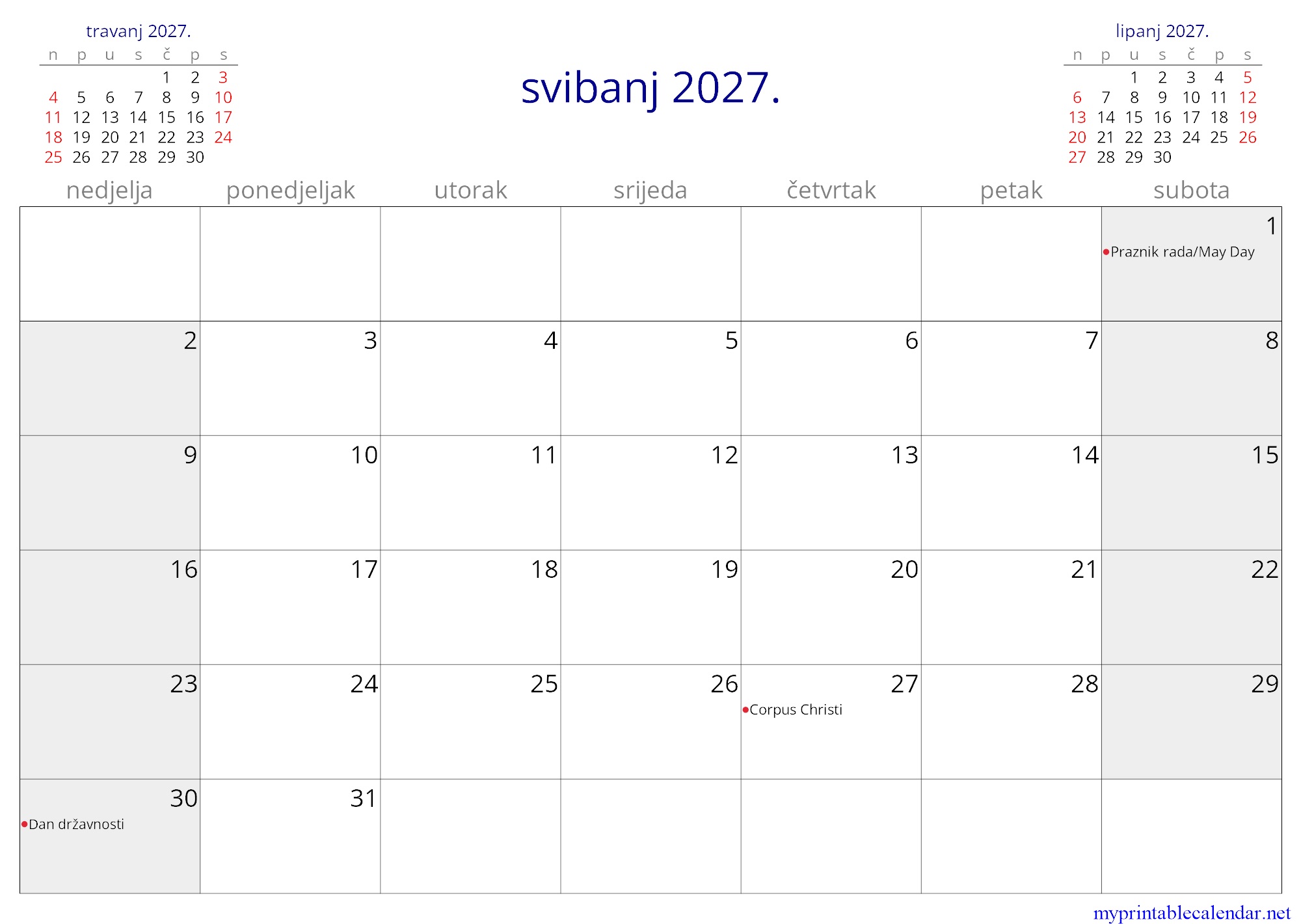 svibanj 2027. monthly calendar, Croatia, Croatian jpg