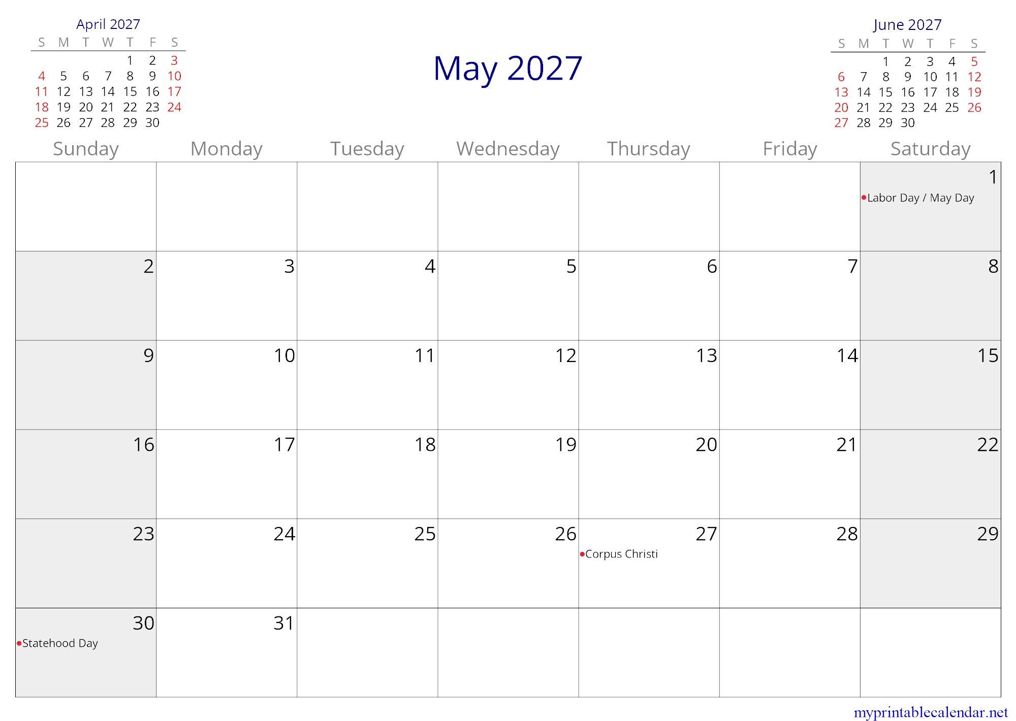May 2027 monthly calendar, Croatia, in English jpg