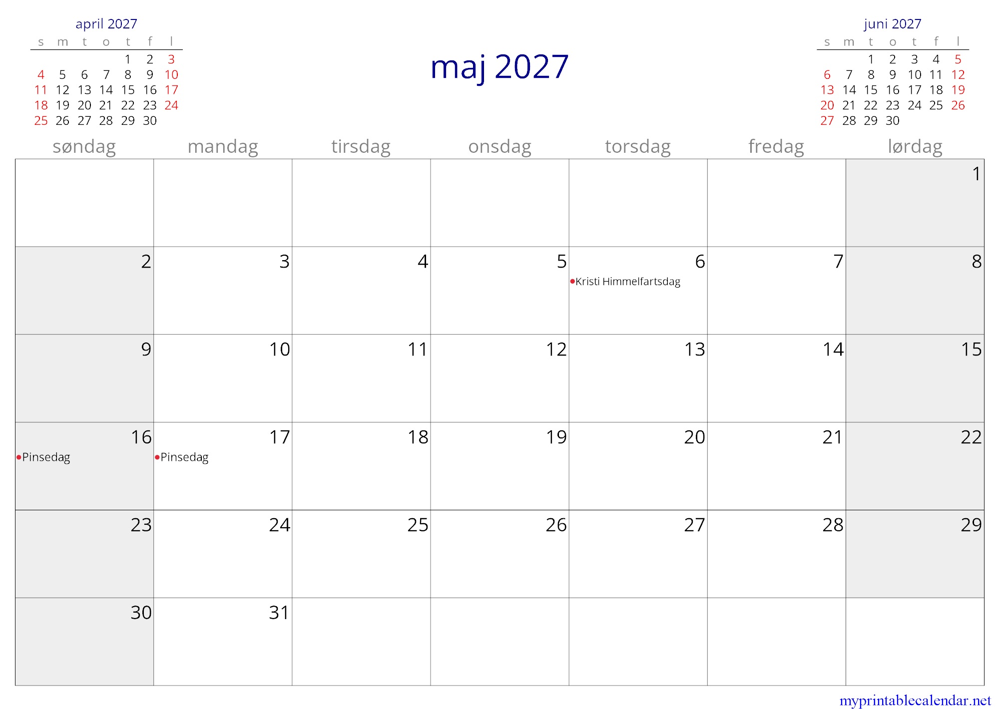 maj 2027 monthly calendar, Denmark, Danish jpg