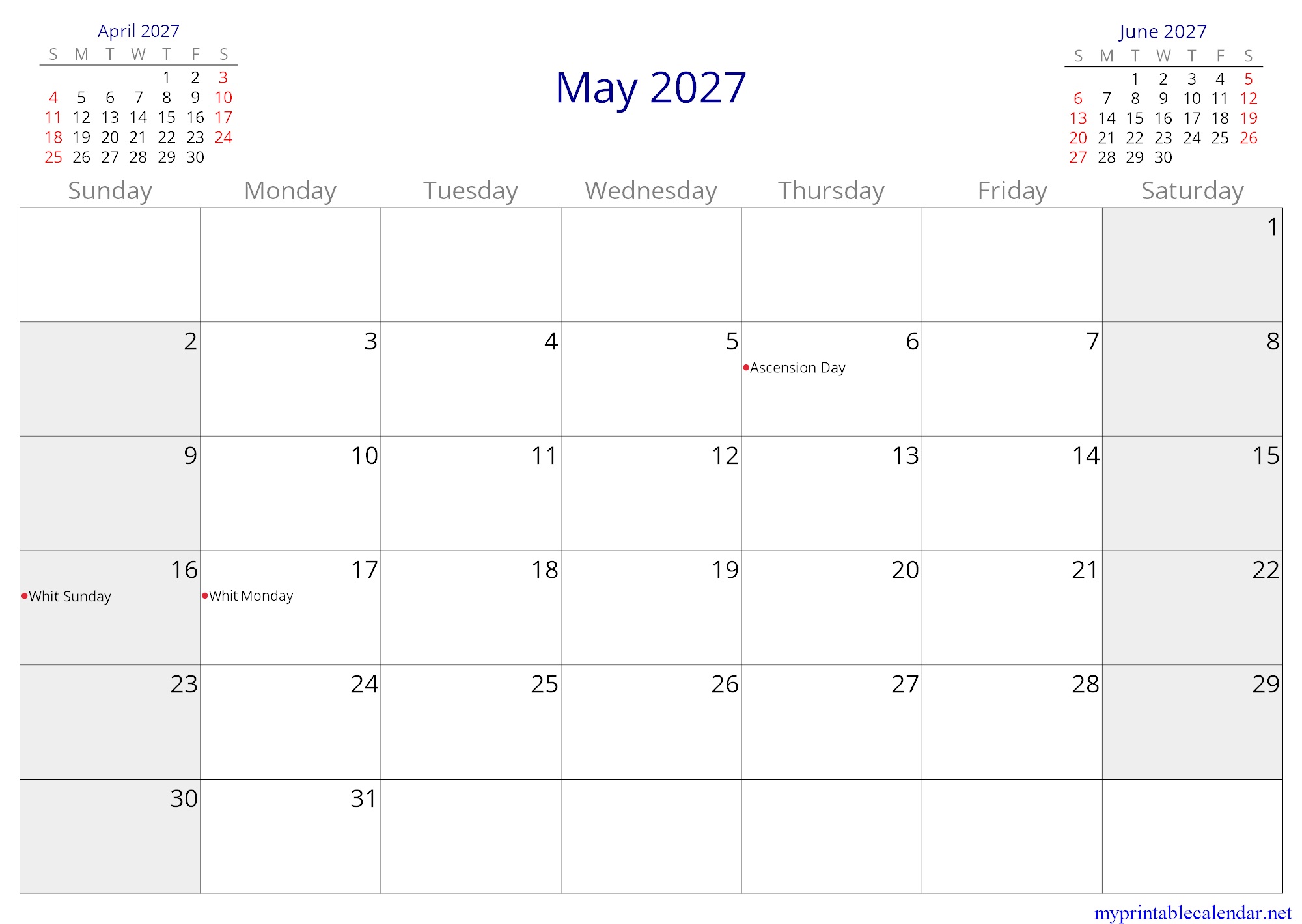 May 2027 monthly calendar, Denmark, in English jpg