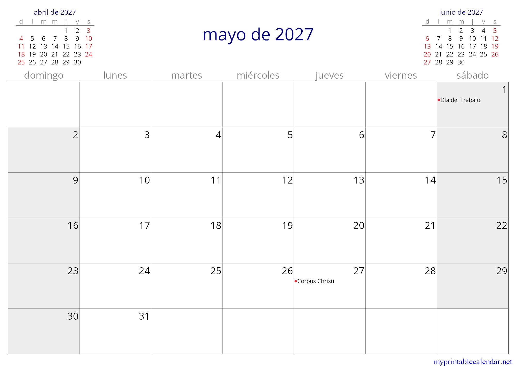 mayo de 2027 monthly calendar, Dominican Republic, Spanish jpg