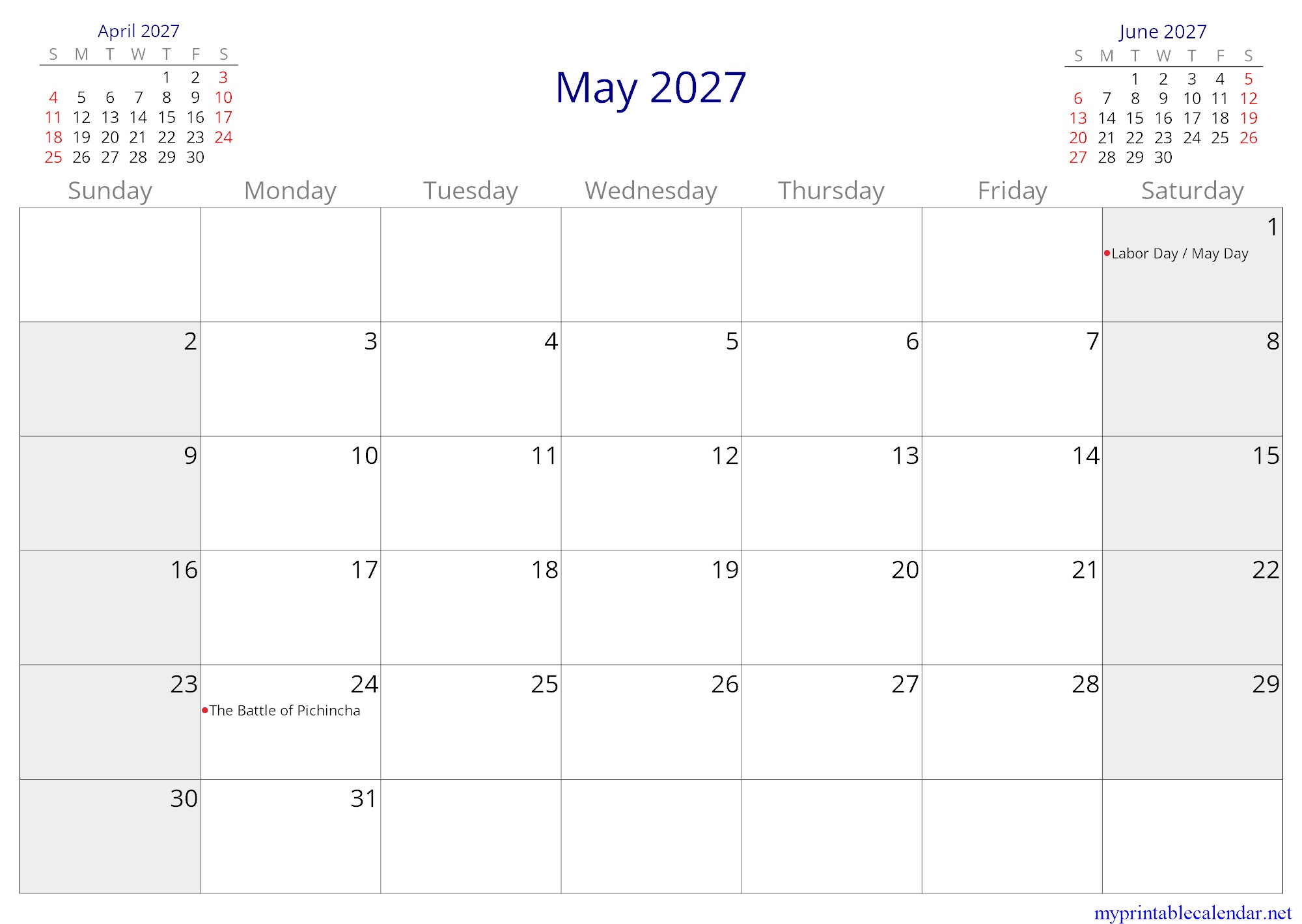 May 2027 monthly calendar, Ecuador, in English jpg