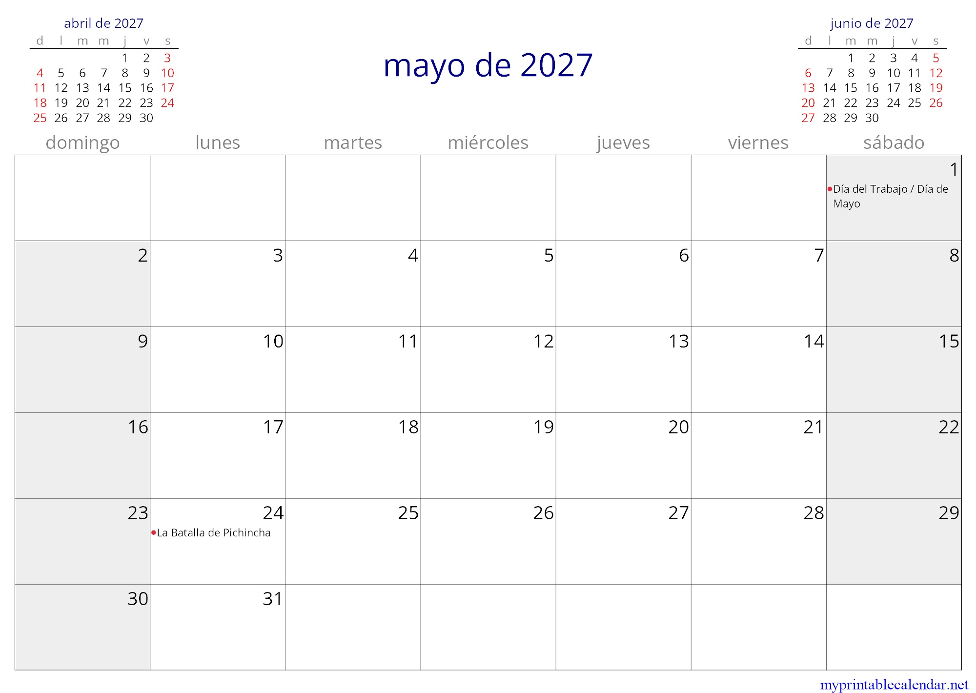 mayo de 2027 monthly calendar, Ecuador, Spanish jpg