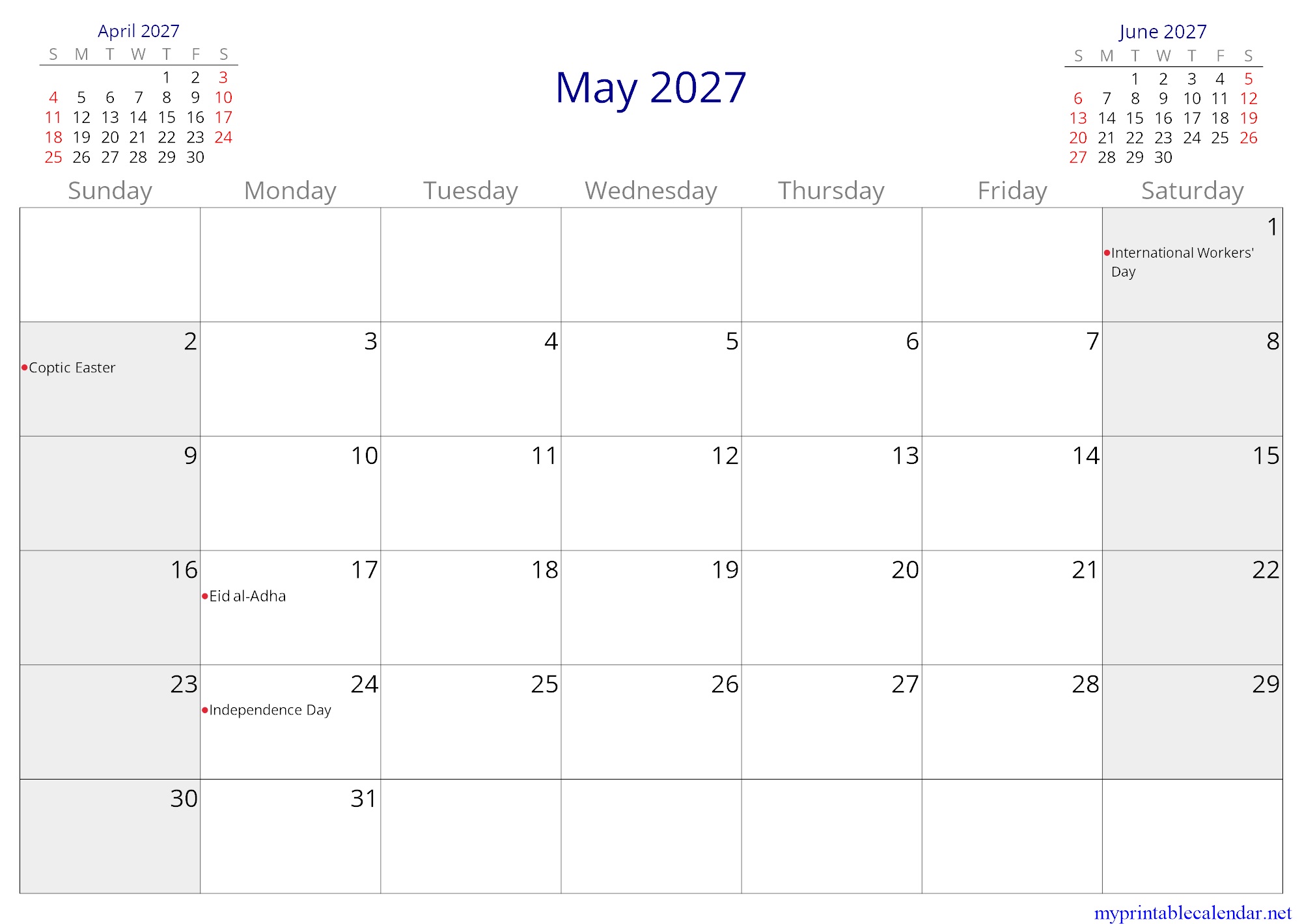 May 2027 monthly calendar, Eritrea, English jpg