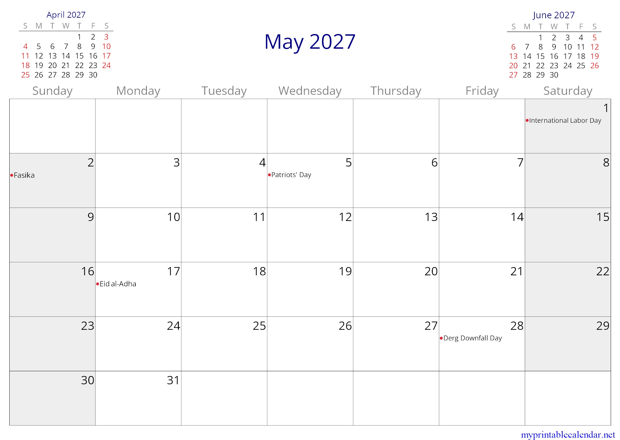 May 2027 monthly calendar, Ethiopia, English jpg