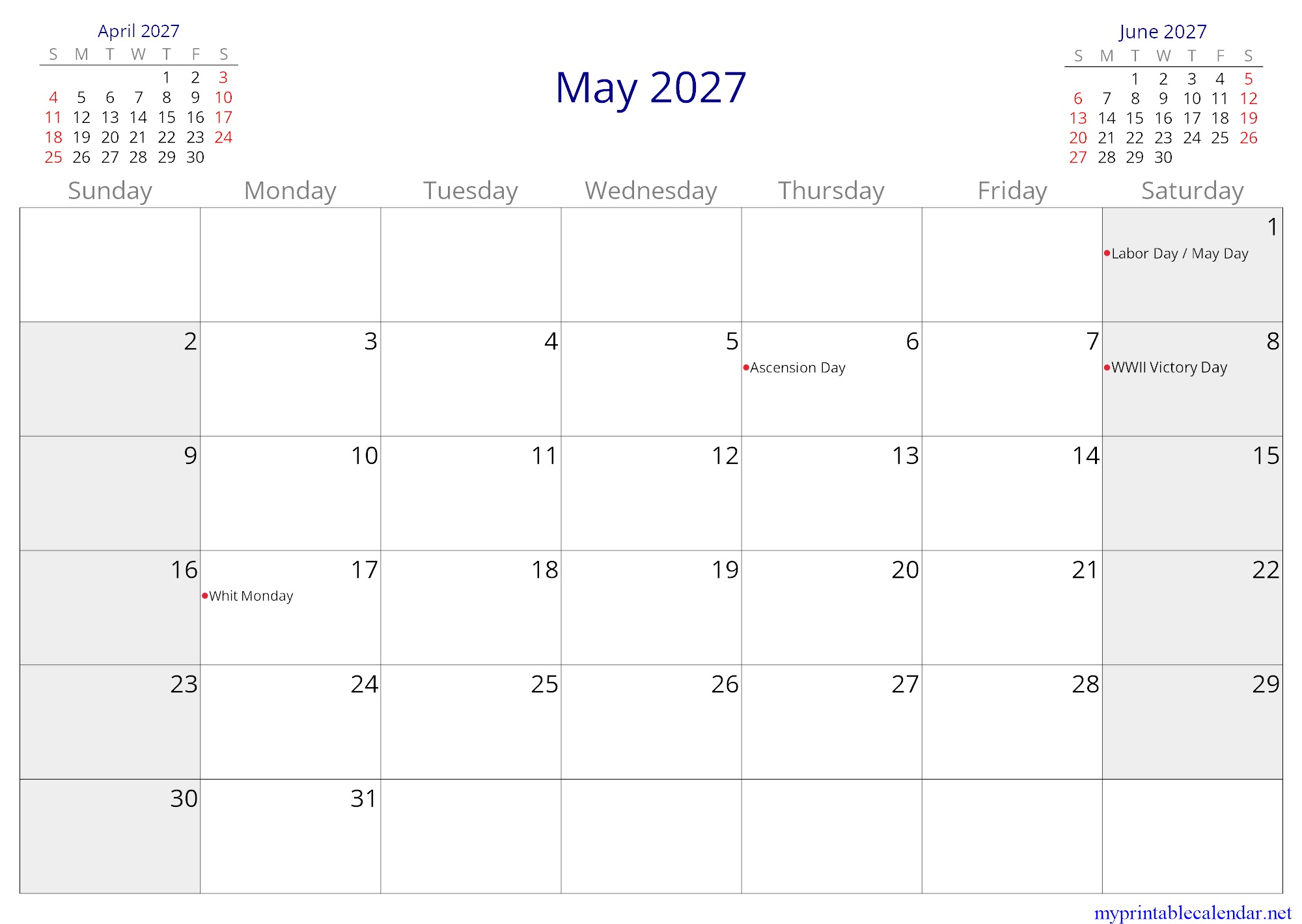 May 2027 monthly calendar, France, in English jpg