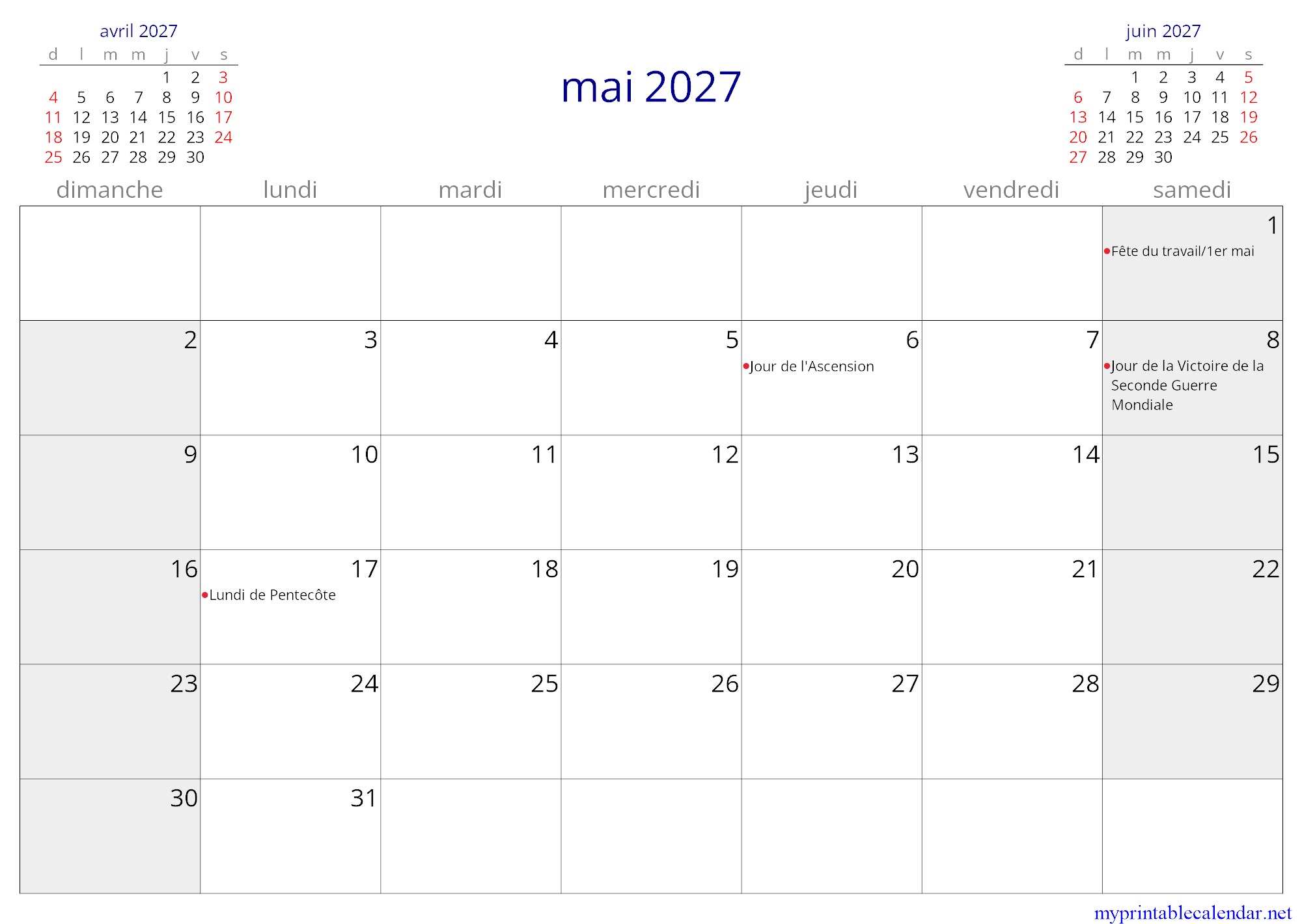 mai 2027 monthly calendar, France, French jpg