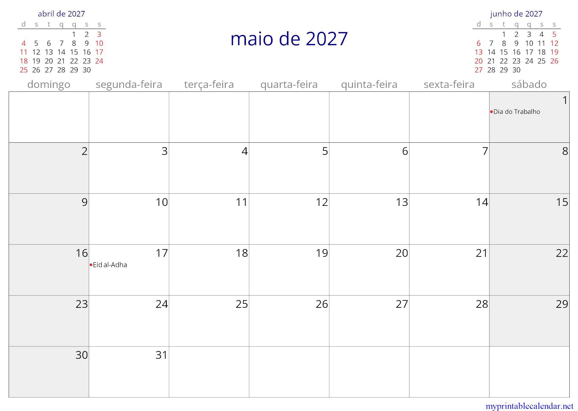 maio de 2027 monthly calendar, Guinea-Bissau, Portuguese jpg