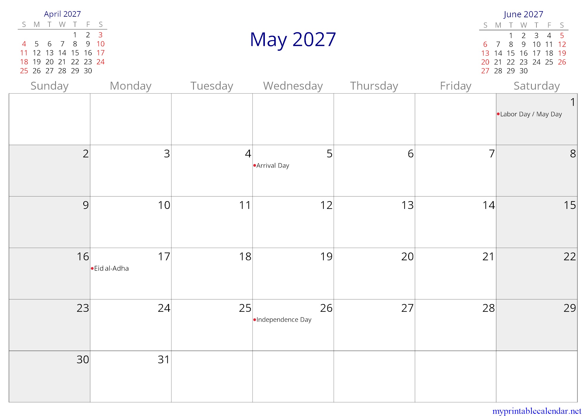 May 2027 monthly calendar, Guyana, English jpg