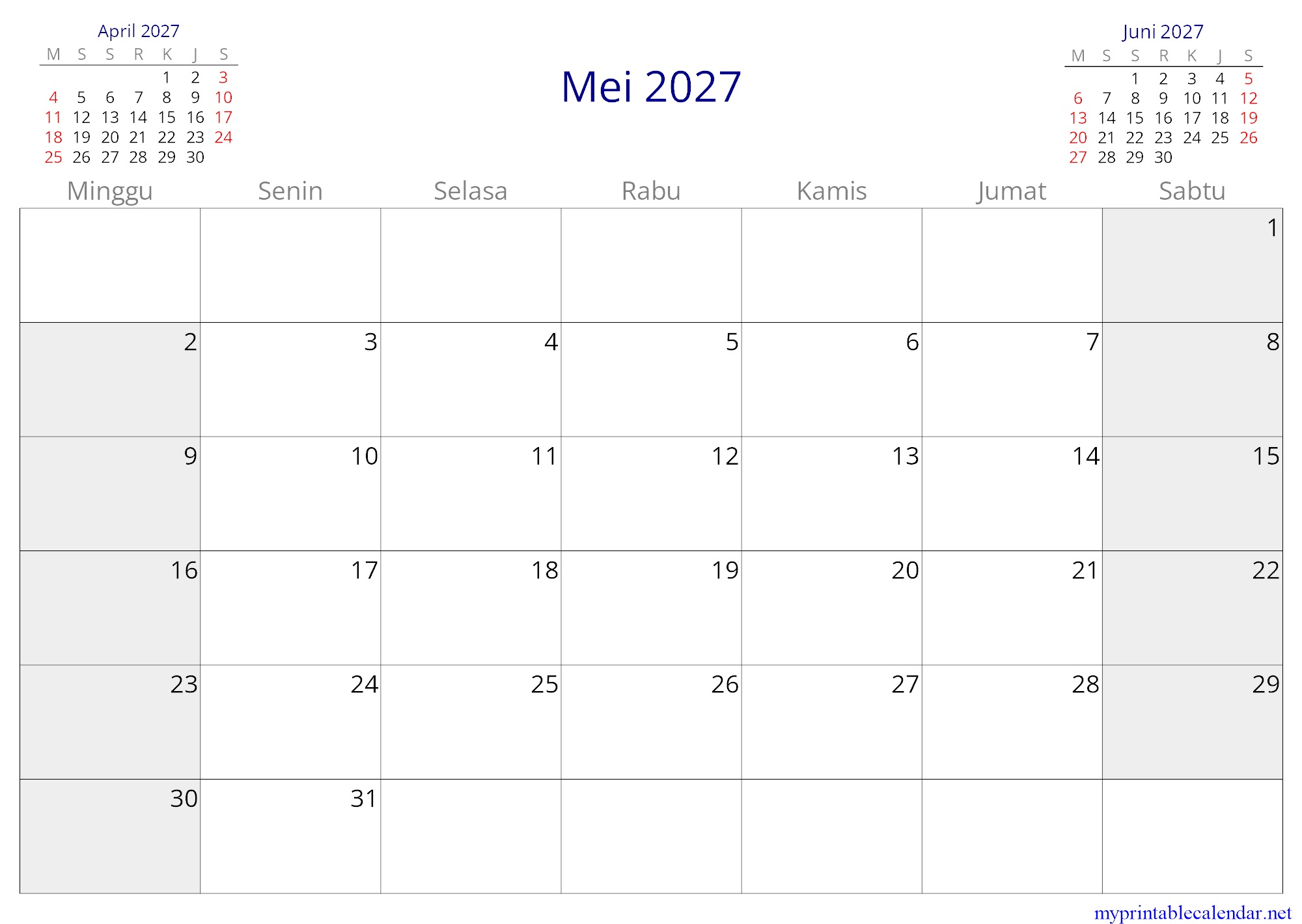 Mei 2027 monthly calendar, Indonesia, Indonesian jpg