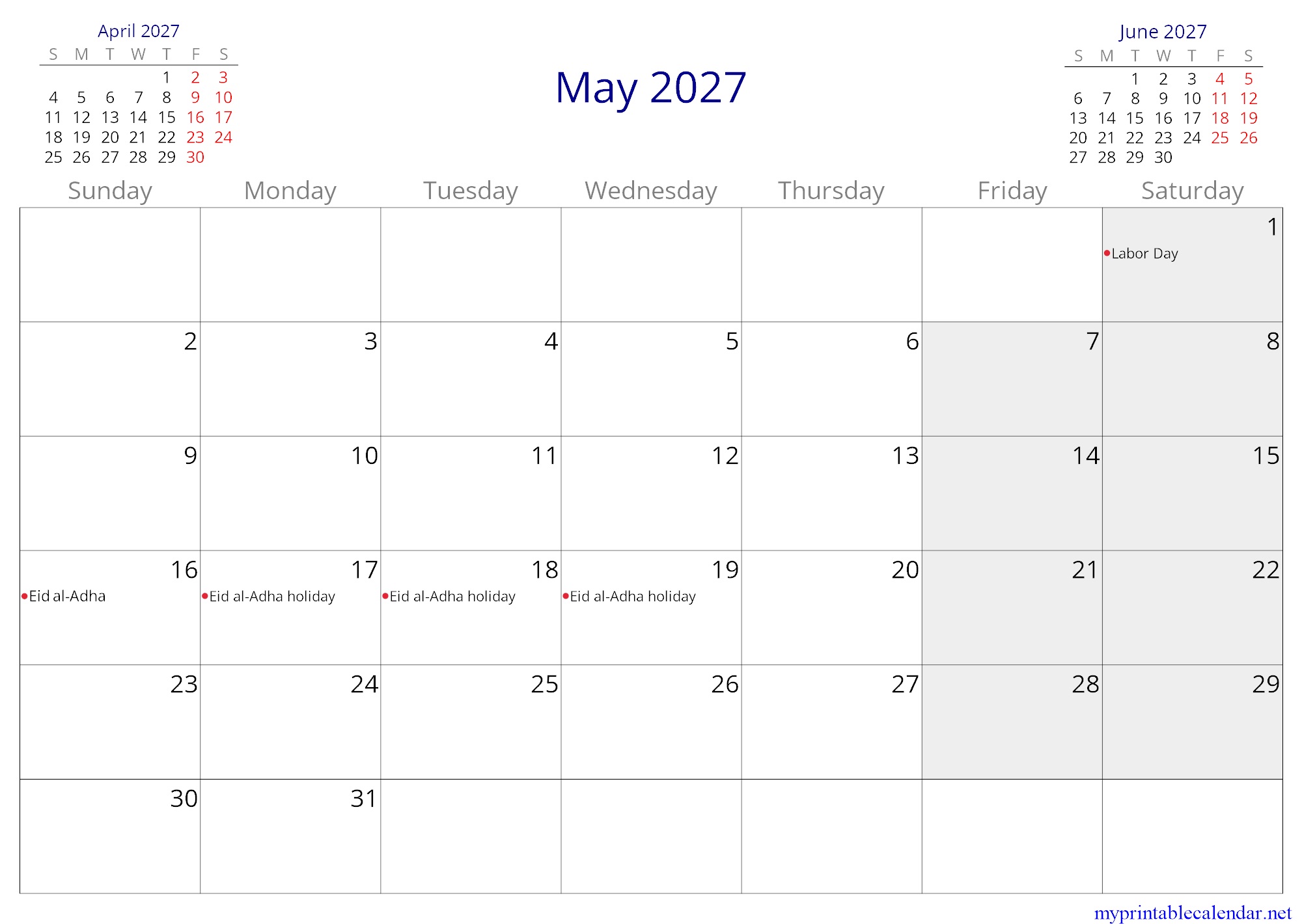 May 2027 monthly calendar, Iraq, English jpg