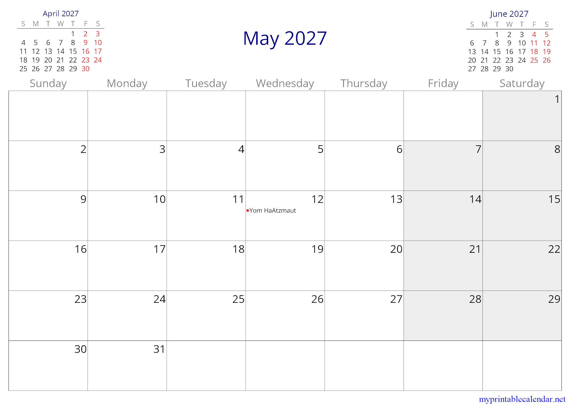 May 2027 monthly calendar, Israel, English jpg