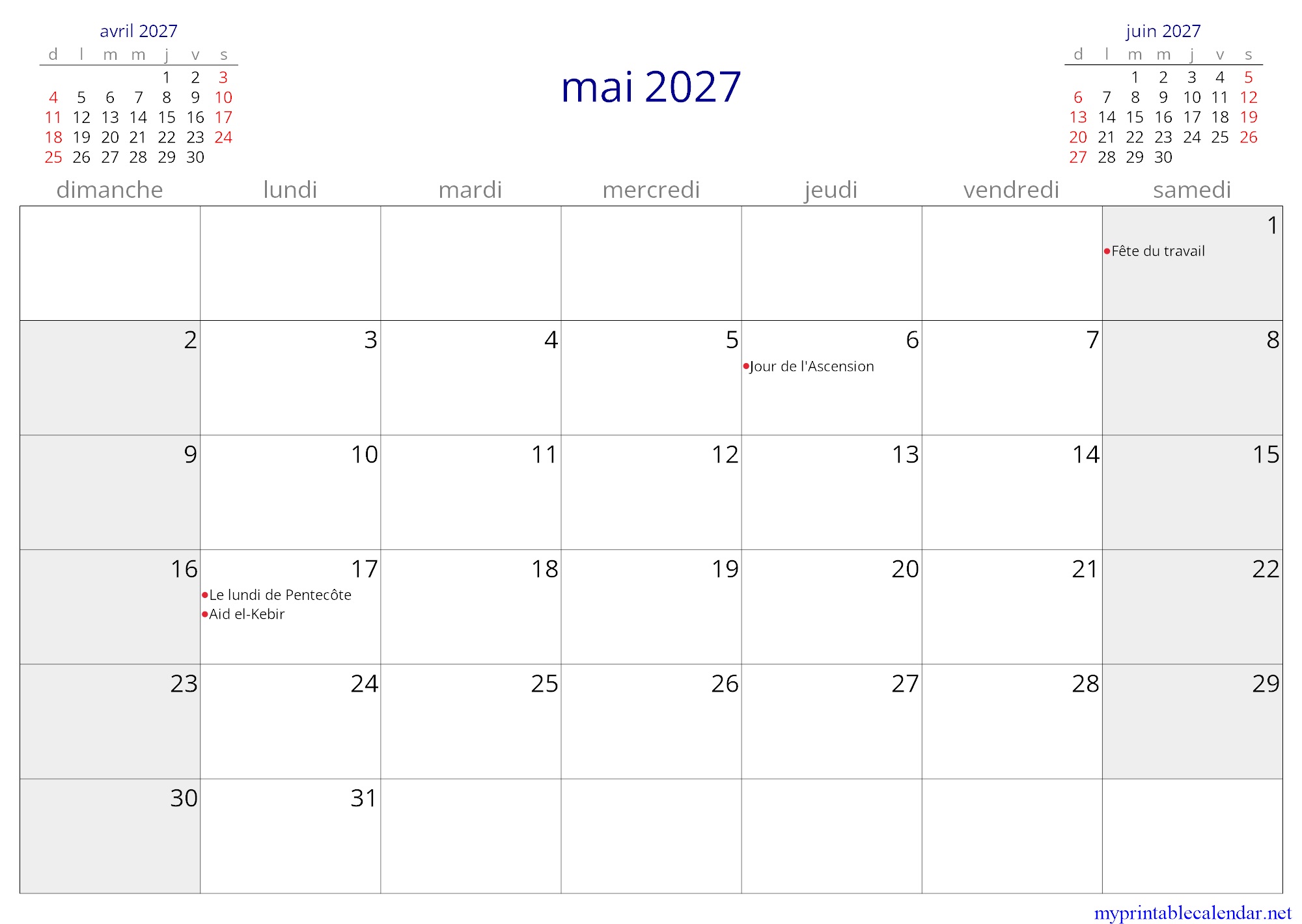 mai 2027 monthly calendar, Ivory Coast, French jpg