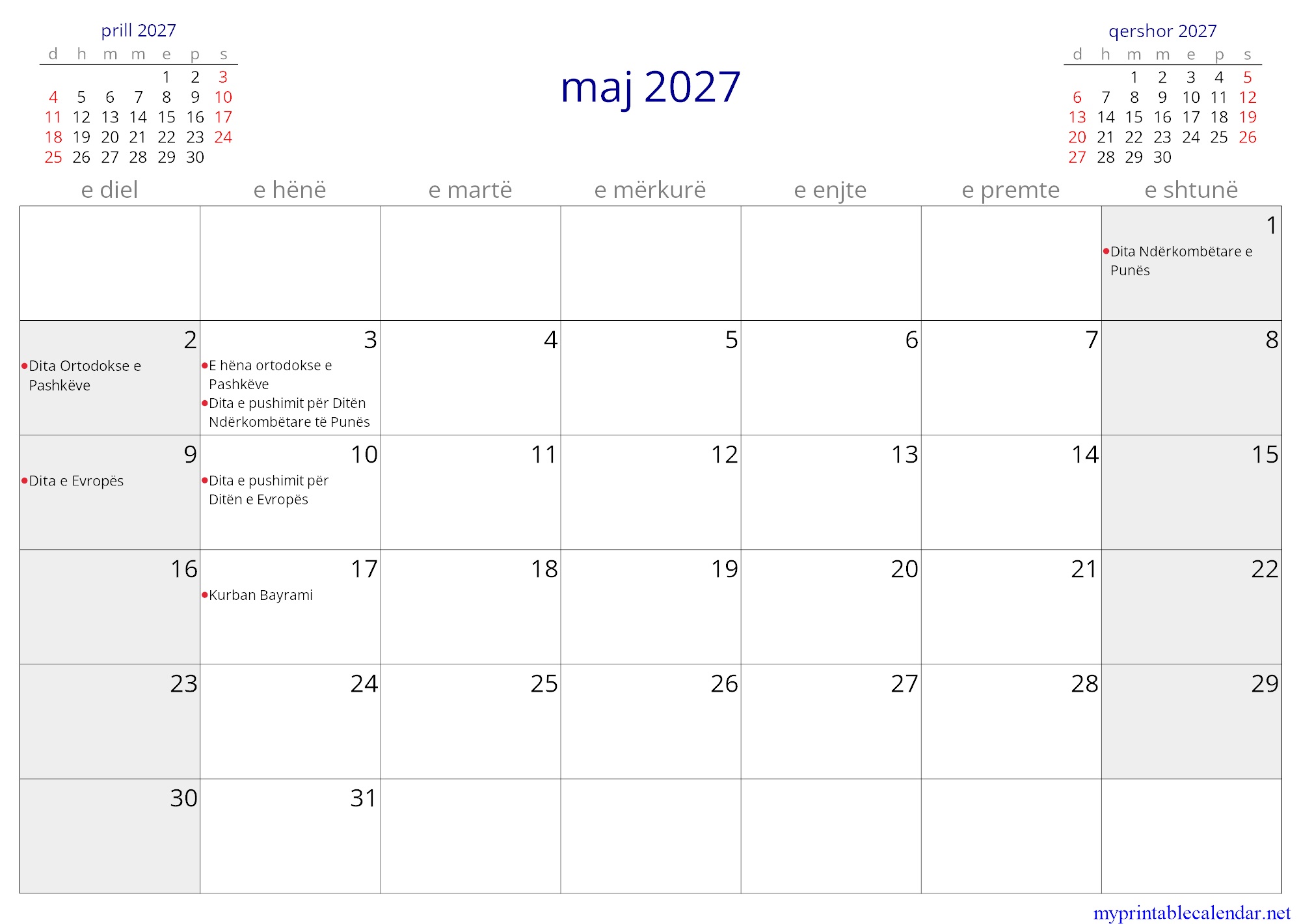 maj 2027 monthly calendar, Kosovo, Albanian jpg