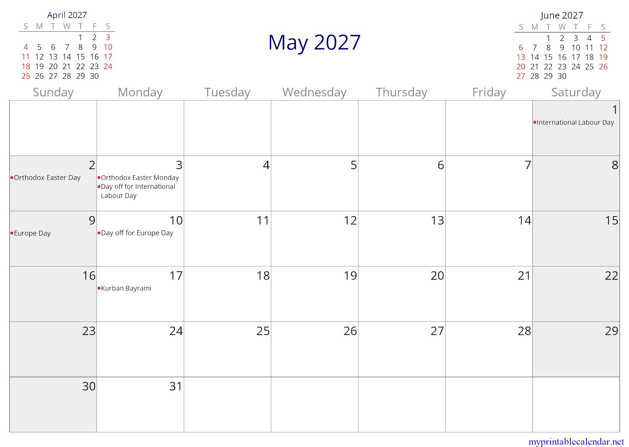 May 2027 monthly calendar, Kosovo, in English jpg