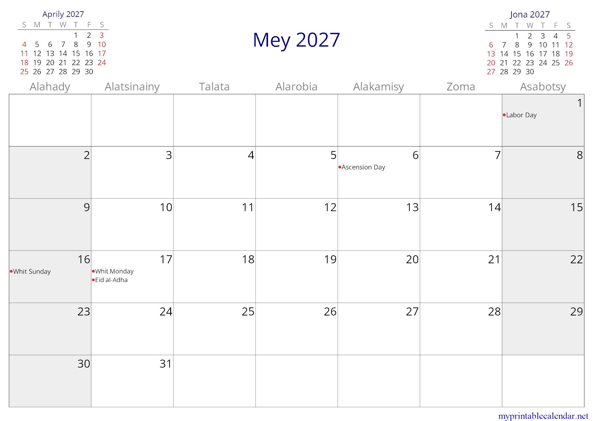 Mey 2027 monthly calendar, Madagascar, Malagasy jpg