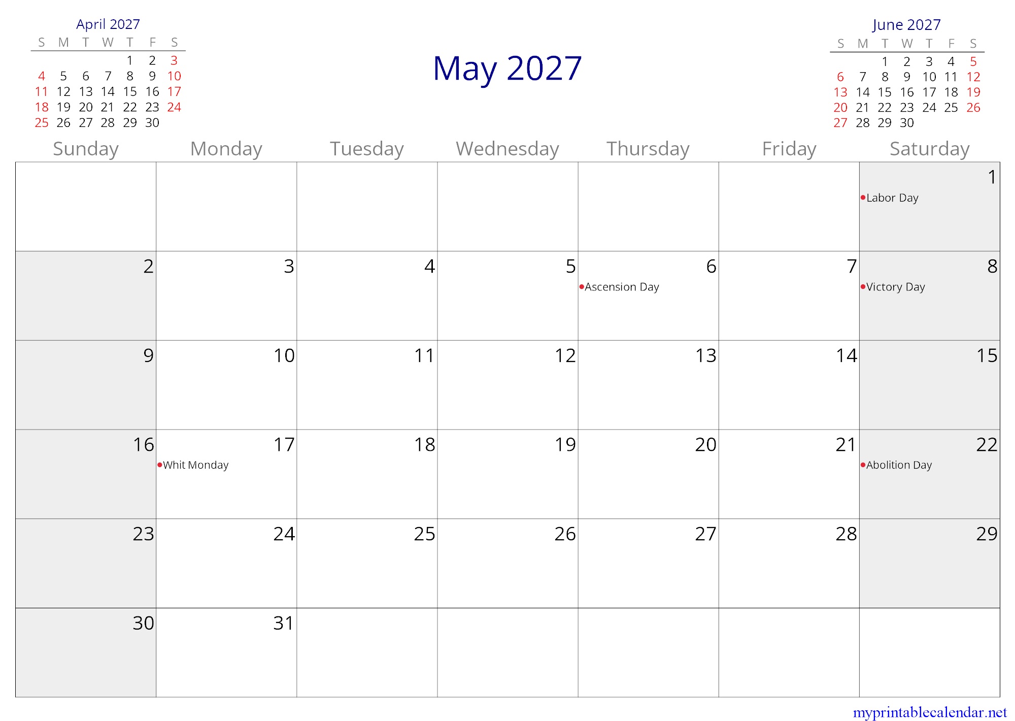 May 2027 monthly calendar, Martinique, in English jpg