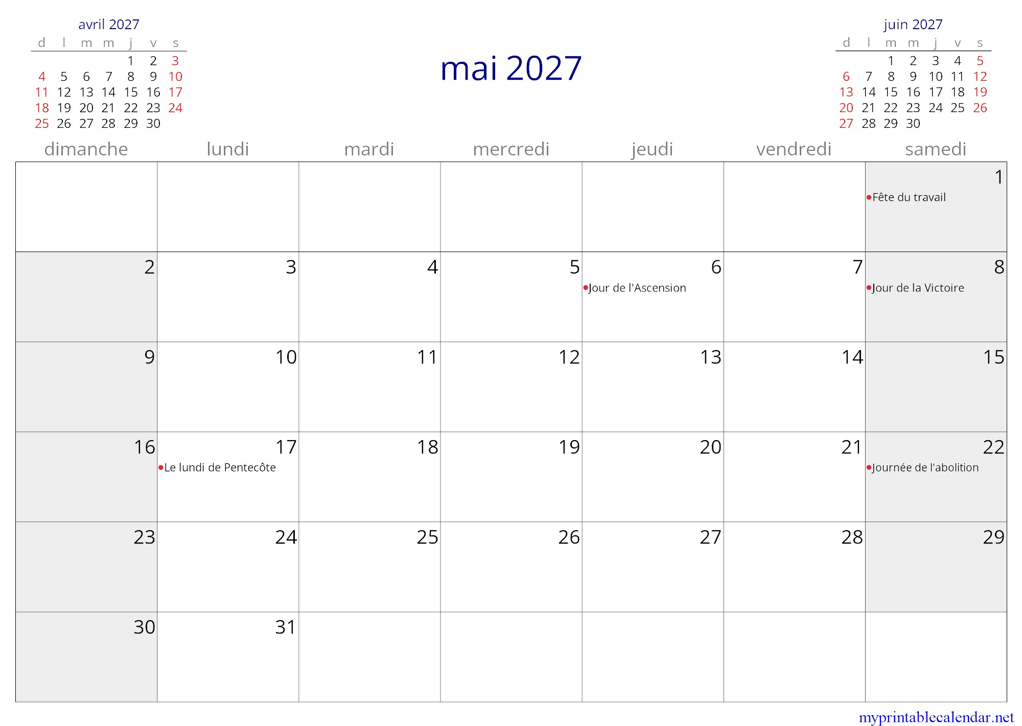 mai 2027 monthly calendar, Martinique, French jpg