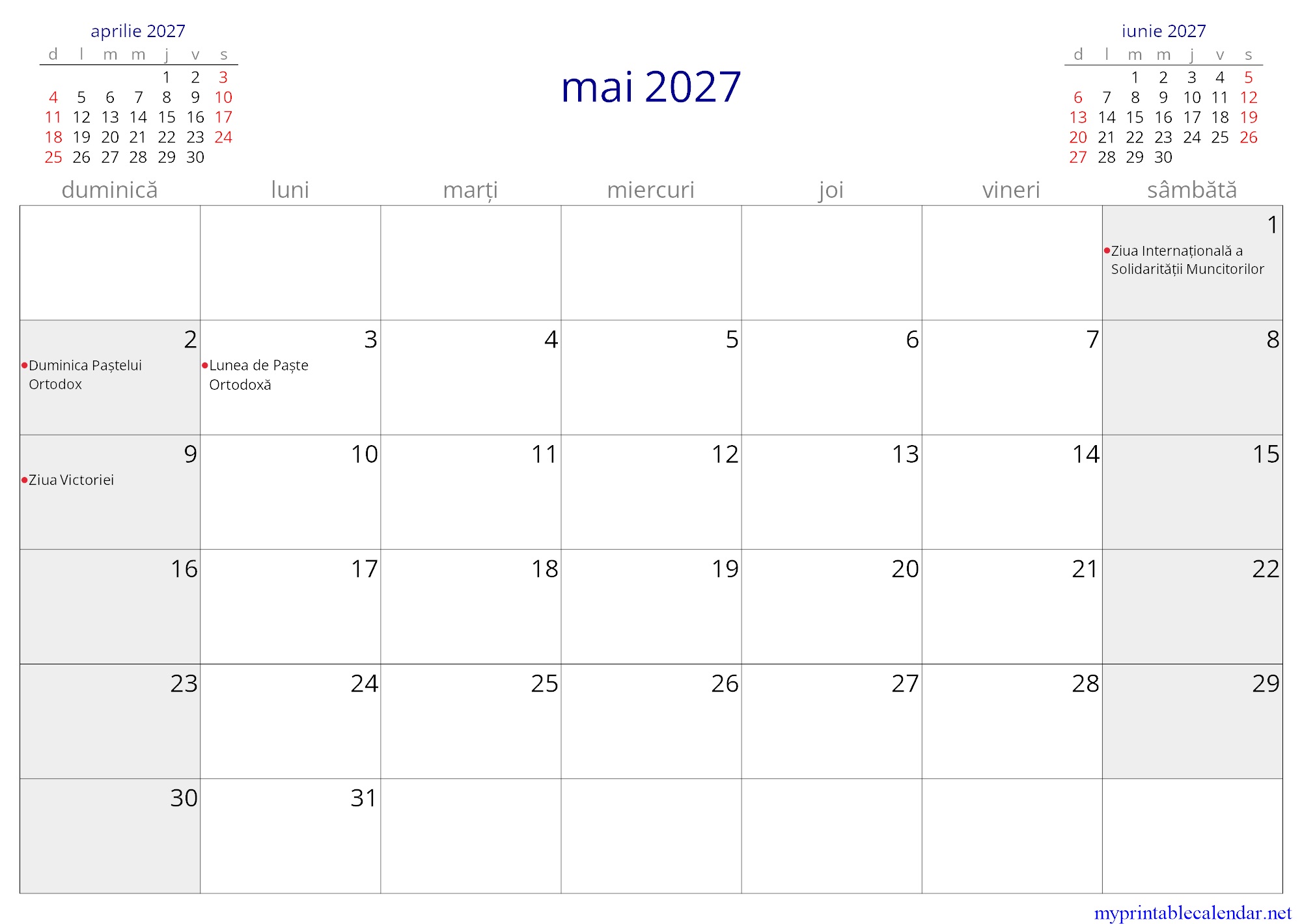 mai 2027 monthly calendar, Moldova, Romanian jpg
