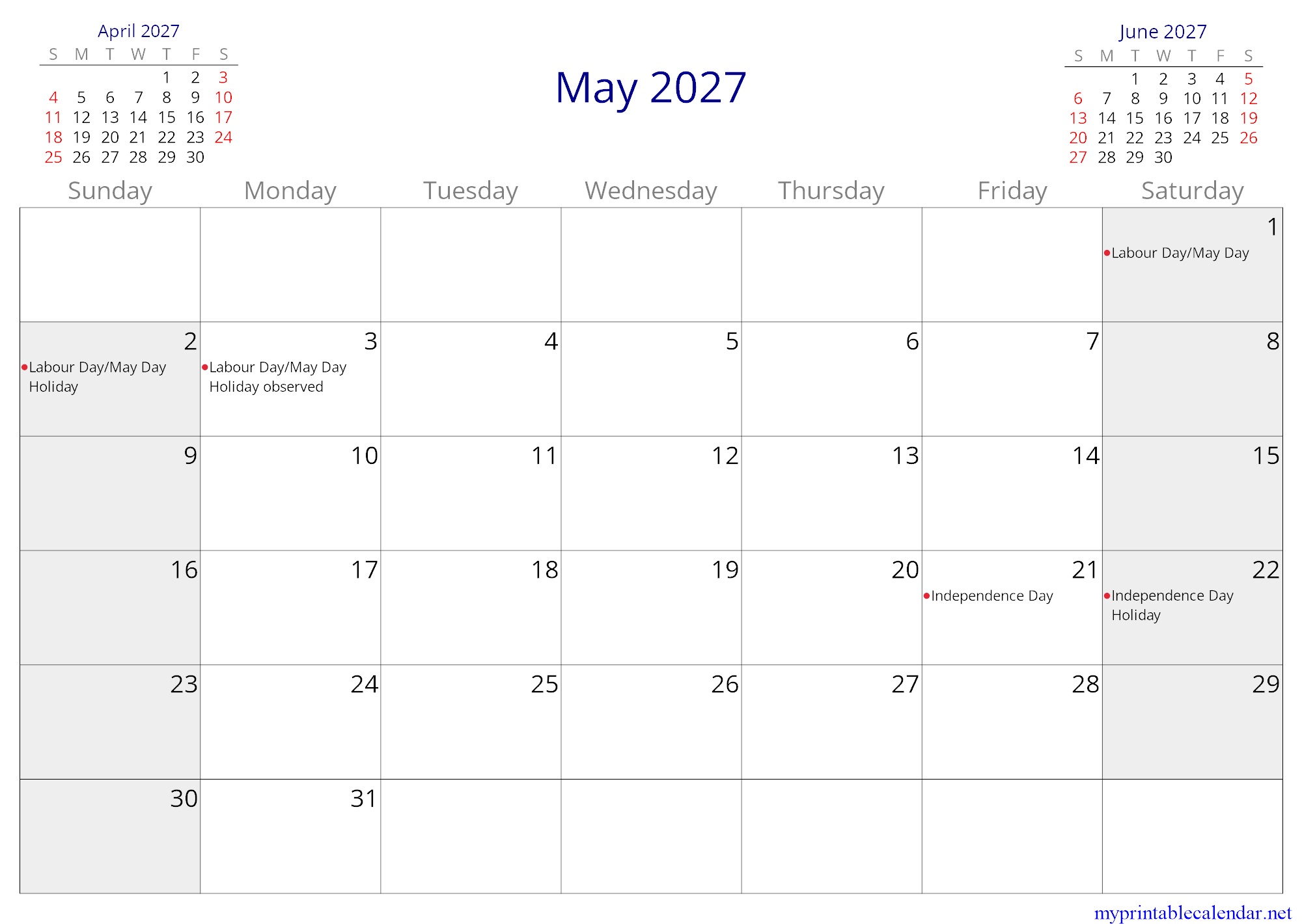 May 2027 monthly calendar, Montenegro, in English jpg