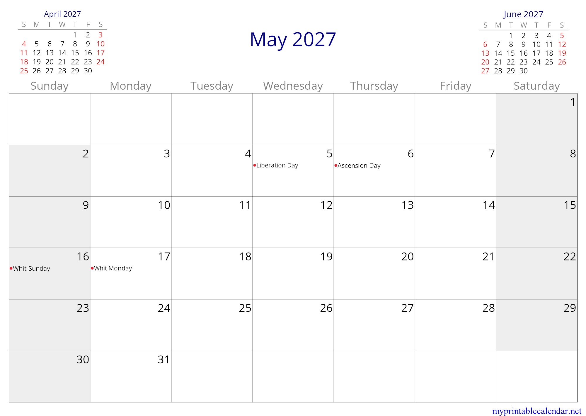 May 2027 monthly calendar, Netherlands, English jpg