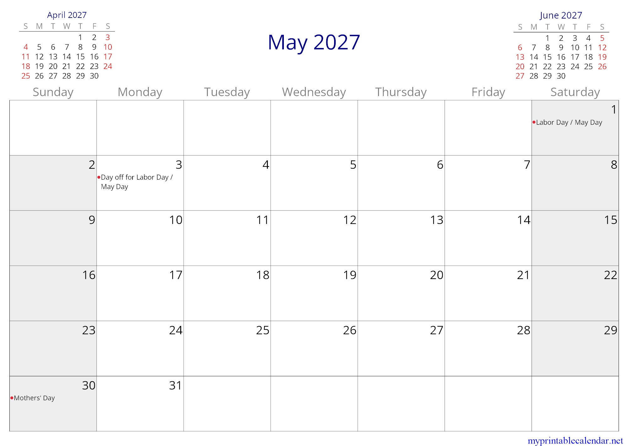 May 2027 monthly calendar, Nicaragua, in English jpg