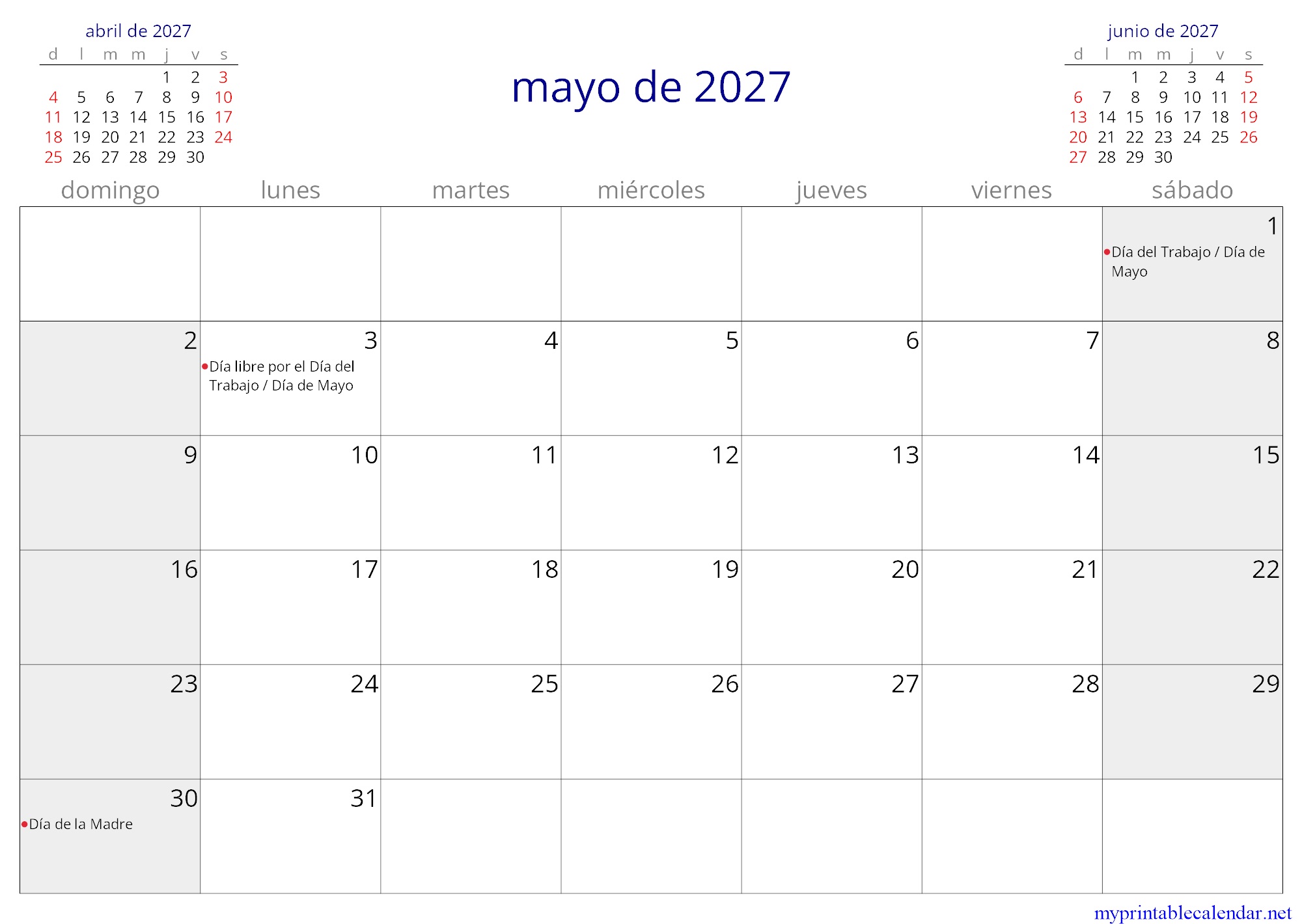 mayo de 2027 monthly calendar, Nicaragua, Spanish jpg